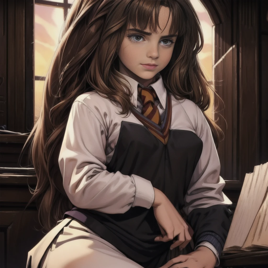 ((ultra quality)), ((masterpiece)), Hermione Granger, Harry Potter, An Epic Picture, ((brown-haired long hair)), (Beautiful face), (beautiful female lips), (), charming, (), looks at the camera, eyes slightly open, (skin color white), (White skin), glare on the body, ((detailed beautiful female eyes)), (eye color - brown), (juicy female lips), (dark eyeliner), (beautiful female hands), ((ideal female figure)), ideal female body, (), beautiful waist, gorgeous thighs, beautiful medium breasts, ((subtle and beautiful)), A seductive stance (), (dressed in Hogwarts school uniform) background: bridge on Hogwarts grounds, Beautiful sunset, ((depth of field)), ((high quality clear image)), (clear details), ((high detail)), realistically, professional photo session, ((Clear Focus)).
