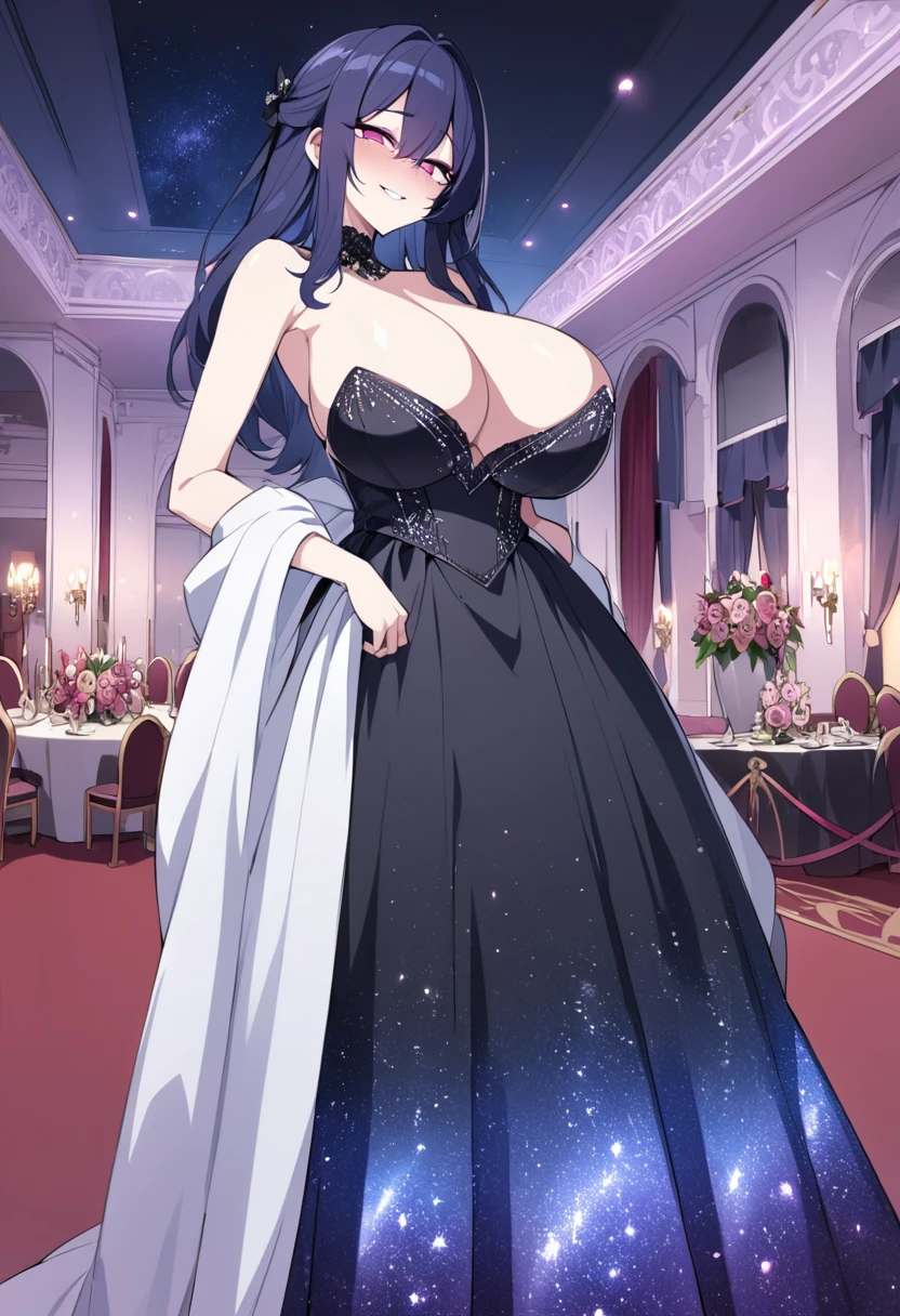 Galina, 20 years old, long dark blue hair, fuchsia eyes, huge breasts, black gala dress with galaxy glitter, standing in the ballroom looking at the prince&#39;s fiancée with an evil smile at night.hentai