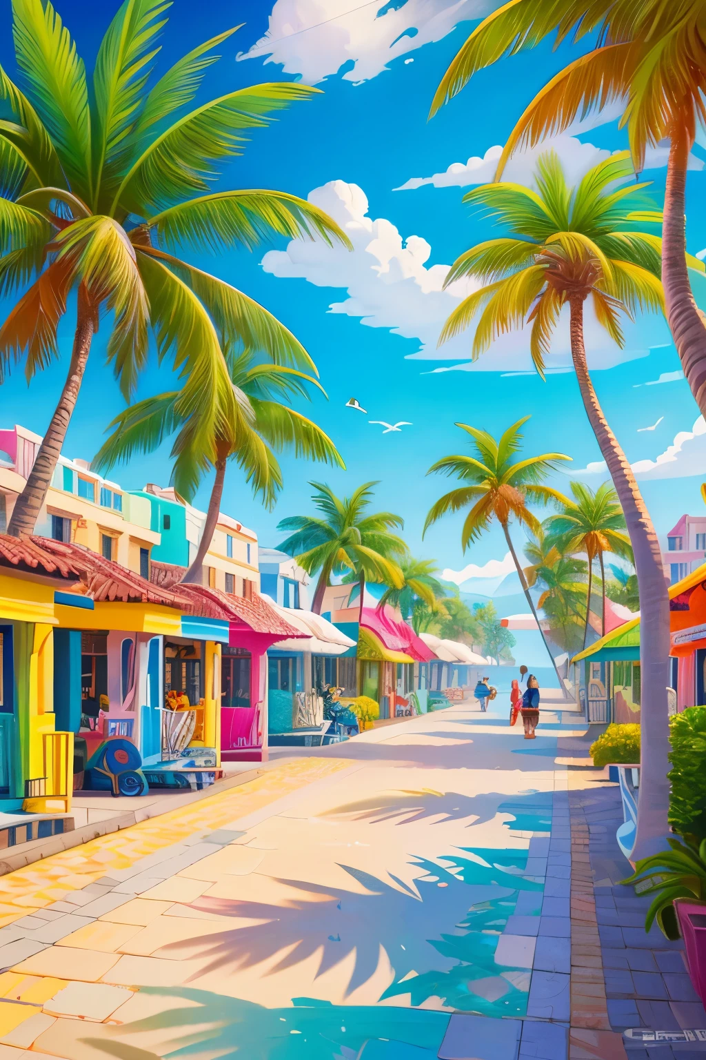 Colorful street painting with sea view and palm trees, Art paintings by Marie Bashkirtsev, Shutterstock, Neo-Beastialism, summer street near a beach, Colourful and detailed, Colors of South Beach, Dmitry Spiros, Beautiful art UHD 4K, Rich, picturesque colors, beautiful colorful, Colorful scenes, beautiful and colorful