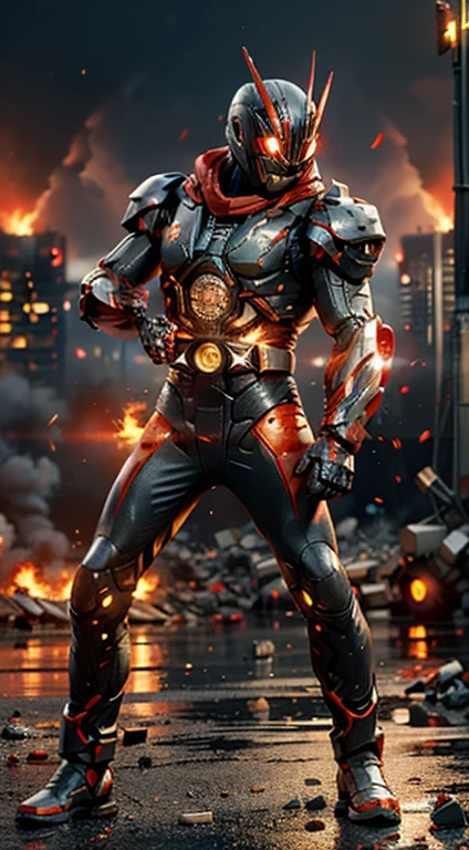 (kamen rider, (standing), (turn around), kamen, full body detailed, detailed hands, good fingers, good hands, good legs, red scarf, low hood, ((epic burning city)), ruins, floating, explosion, debris, some fire and glitter background, ultra hd, ultra realistic texture, (flare lens:1.2), (long shot:0.9), cyberpunk