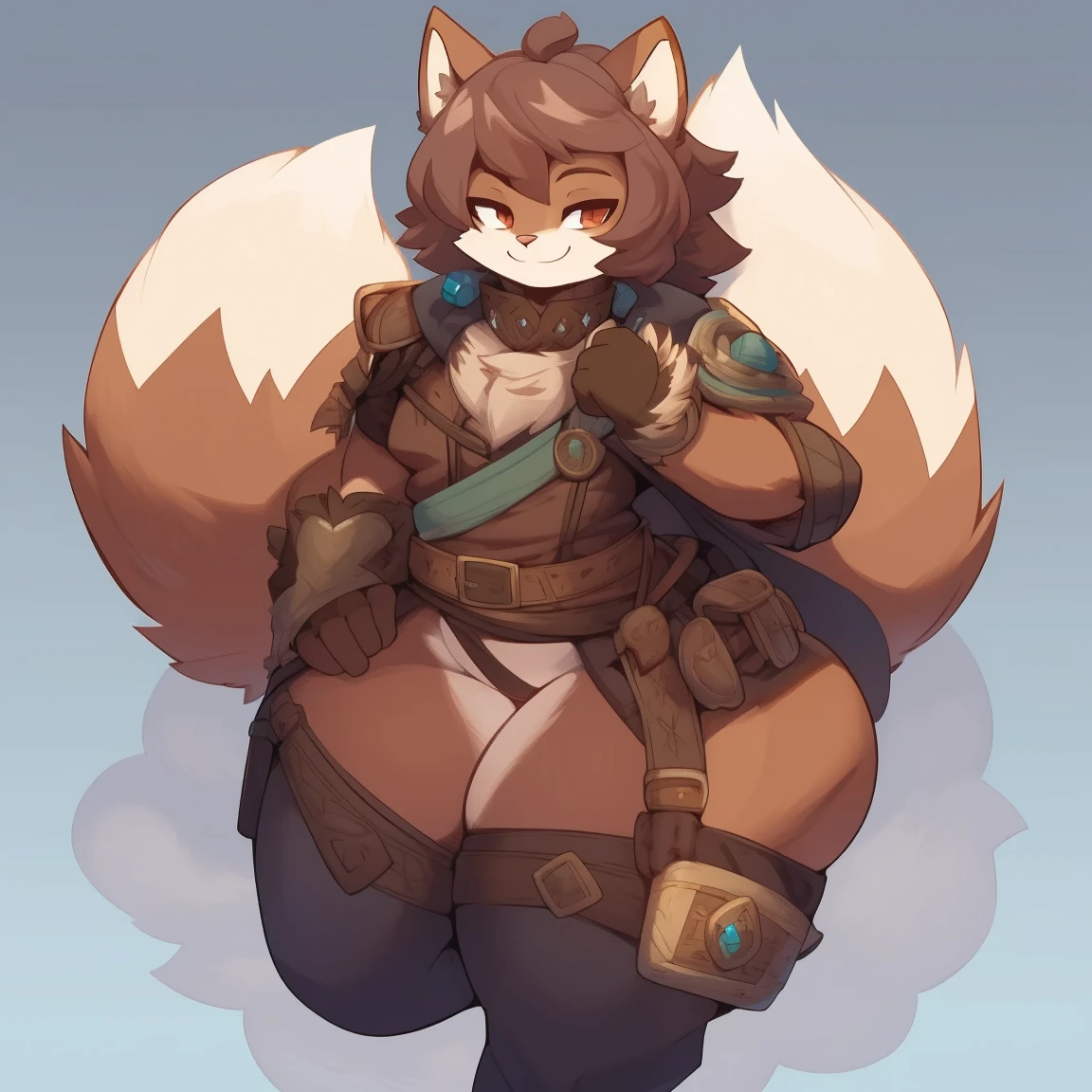 Best quality, Super detailed illustration, (fluffy squirrel boy:1.4), solo, male, feminine face and body, disheveled thick hair, adventurer equipment, smug smile, half-closed eyes, femboy, wide hips, thicc, hourglass figure, huge butt, DND style