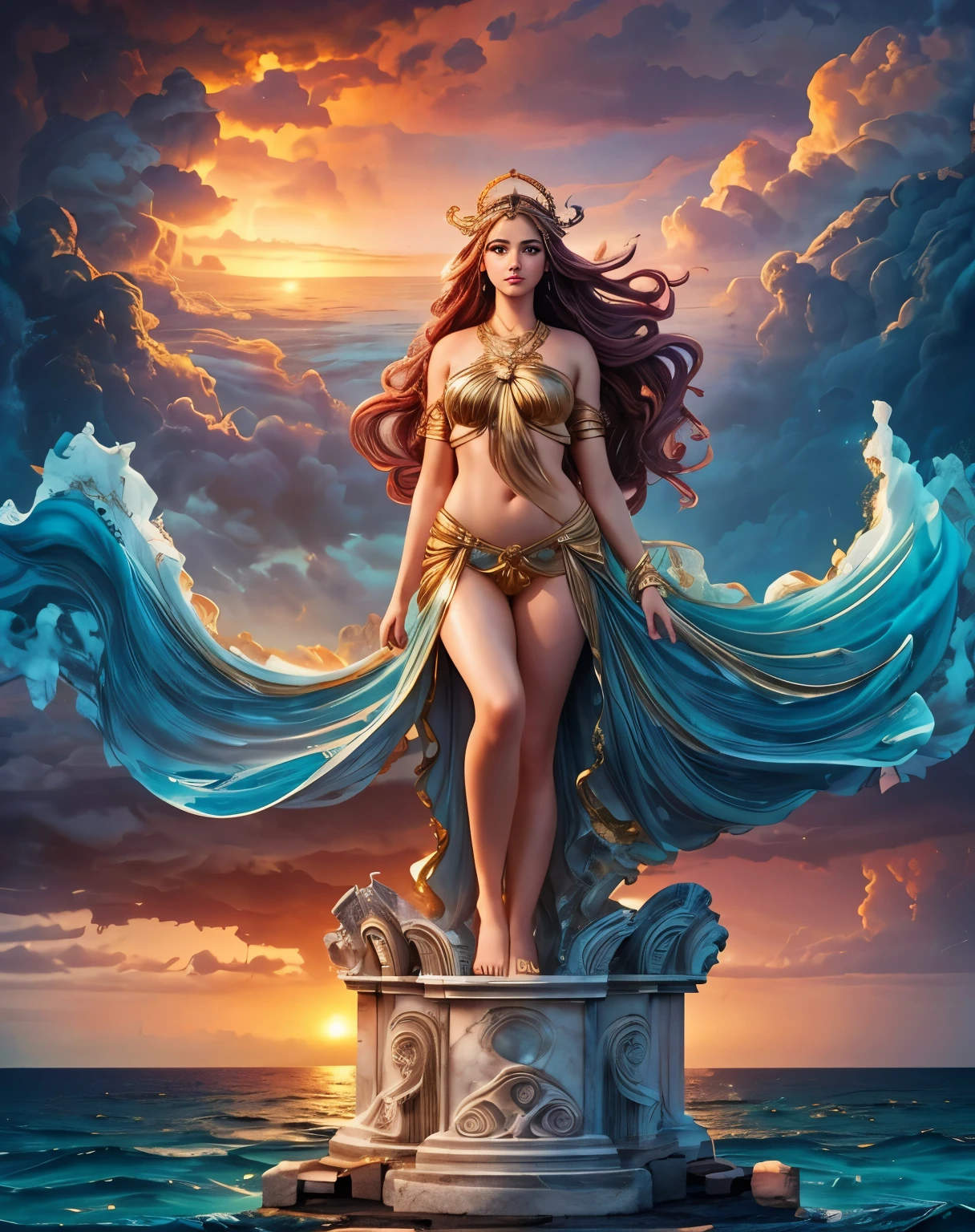 Surreal art of a beautiful woman embodying the goddess of the sea, standing on an ancient column immersed in abstract sea waves, her long brown hair with bright golden locks fluttering in the stormy air as the spectacular setting sun paints the sky with clouds red. dark clouds intertwined with lightning and a gentle drizzle, watercolor style masterpiece with an effect that creates a stormy sky, transparent swimsuit underwear, blurred ancient Greek city in the distance, ancient city in the fog, shining lighthouse, lighthouse illuminates the sea, goddess dressed with gold jewelry, a girl from the front looking at the viewer, poses on a marble pedestal, stands on a marble column, 8k resolution, high quality art, lady pose in motion, fantasy, poster high cinematographic quality, overexposure of elements, fracturing,