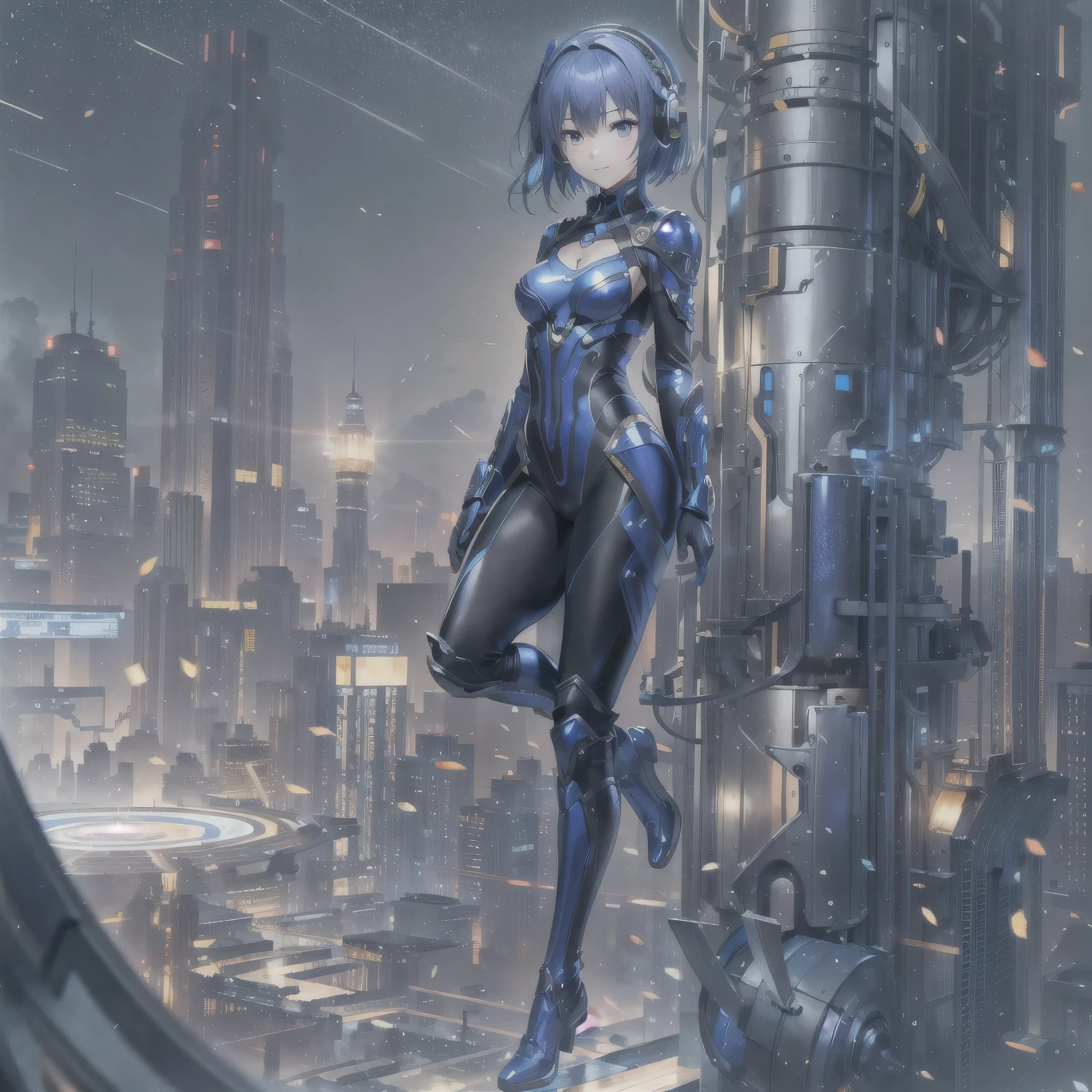 (masterpiece、highest quality、Highest Resolution、Clear_image、Detailed details、Angle from above): (Whole body、One 20 year old girl、Japanese Faces、Small Face、Slender、Navy blue super short bob cut hair、(Hidden small breasts:1.3)、Sparkling blue eyes、Shiny pilot suit in blue and black colors、Chest protection armor、Tight fitting clothes、Clothing that covers the whole body、Glamorous clothes、Tight Fit Pants、Hide your skin、Very delicate and beautiful、Detailed Skin、hide thighs、Hide your ass、Cute、A gentle smile、Soft expression、heroine、headset、Knee-high boots、Elbow-length gloves、Eye Level Shot、Face directly、Woman on a spaceship)