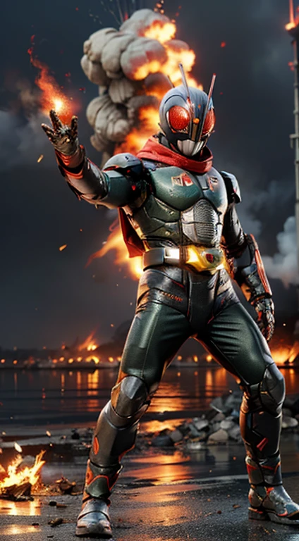 (kamen rider, (standing), (turn around), kamen, full body detailed, detailed hands, good fingers, good hands, good legs, red scarf, low hood, ((epic burning city)), ruins, floating, explosion, debris, some fire and glitter background, ultra hd, ultra realistic texture, (flare lens:1.2), (long shot:0.9)