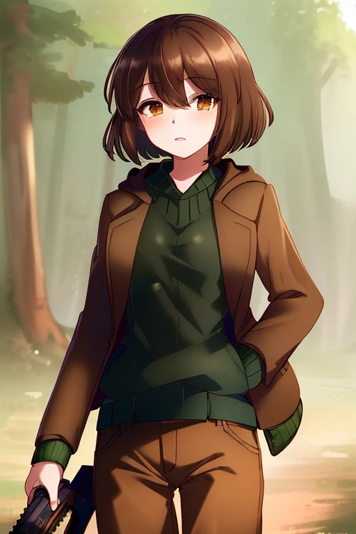 ((Best quality)), ((masterpiece)), (detailed), Undertale Fresh, Brown hair, (brown pants: 1.3), bob haircut, short hair, black tights, (green sweater, jacket: 1.3), Red eyes, (1 girl: 1.3), (One: 1.3), striped, Green striped sweater , (absurdity, A high resolution, Ultra detailed, 1 girl,oversized hooded jacket,whole body, holding mechanical chainsaw)