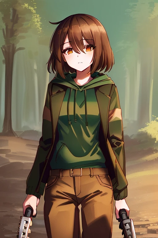 ((Best quality)), ((masterpiece)), (detailed), Undertale Fresh, Brown hair, (brown pants: 1.3), bob haircut, short hair, black tights, (green sweater, jacket: 1.3), Red eyes, (1 girl: 1.3), (One: 1.3), striped, Green striped sweater , ((absurdity, A high resolution, Ultra detailed, 1 girl,oversized hooded jacket,whole body, holding mechanical chainsaw))