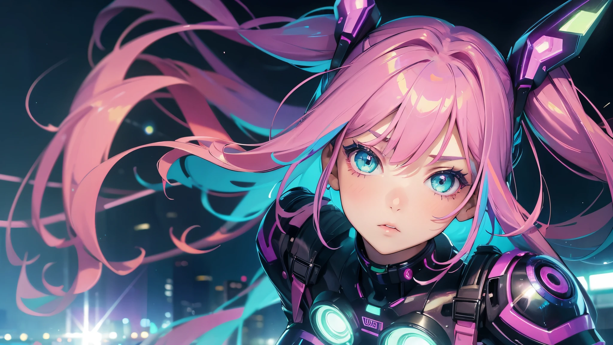 ((masterpiece,highest quality,High resolution,8K quality,highest quality)),One Girl,Highly detailed face,20-year-old woman,Hyper Detail,Lens flare,Delicate eyes,Bright Blue Eyes,cool face,Pink hair with green mesh twin tails,cyber punk,cyber punkの夜,((colorful:1.5)),World of Machines,Night view of the building,Avant-garde,get up,High heel boots,Close-up face