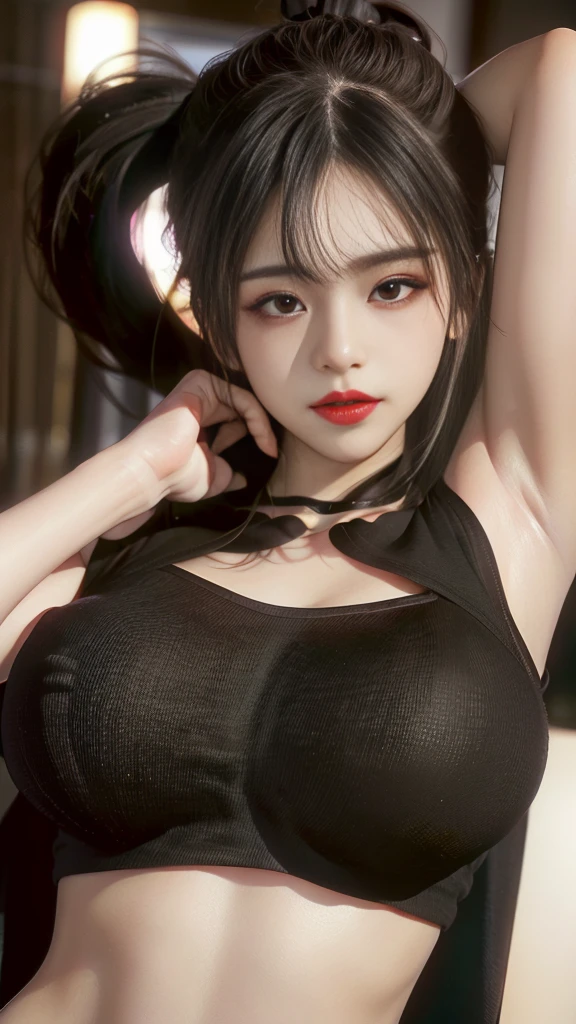 (highest quality:1.4), 32K resolution, (realistic:1.5), (Super realistic:1.5), High resolution 32k UHD, (masterpiece:1.2)), (Improvement of quality:1.4), (very beautiful facial details), (Highest quality realistic skin texture:1.4), (perfect anatomy:1.2 , ((black camisole)), ((arm up)), ((show armpits)), Super detailed, symmetrical eyes, natural makeup, pink lipstick, highly detailed lips, black hair, ponytail, long bangs parted in middle, Upper body, exclusive night club, crowded club, night atmosphere