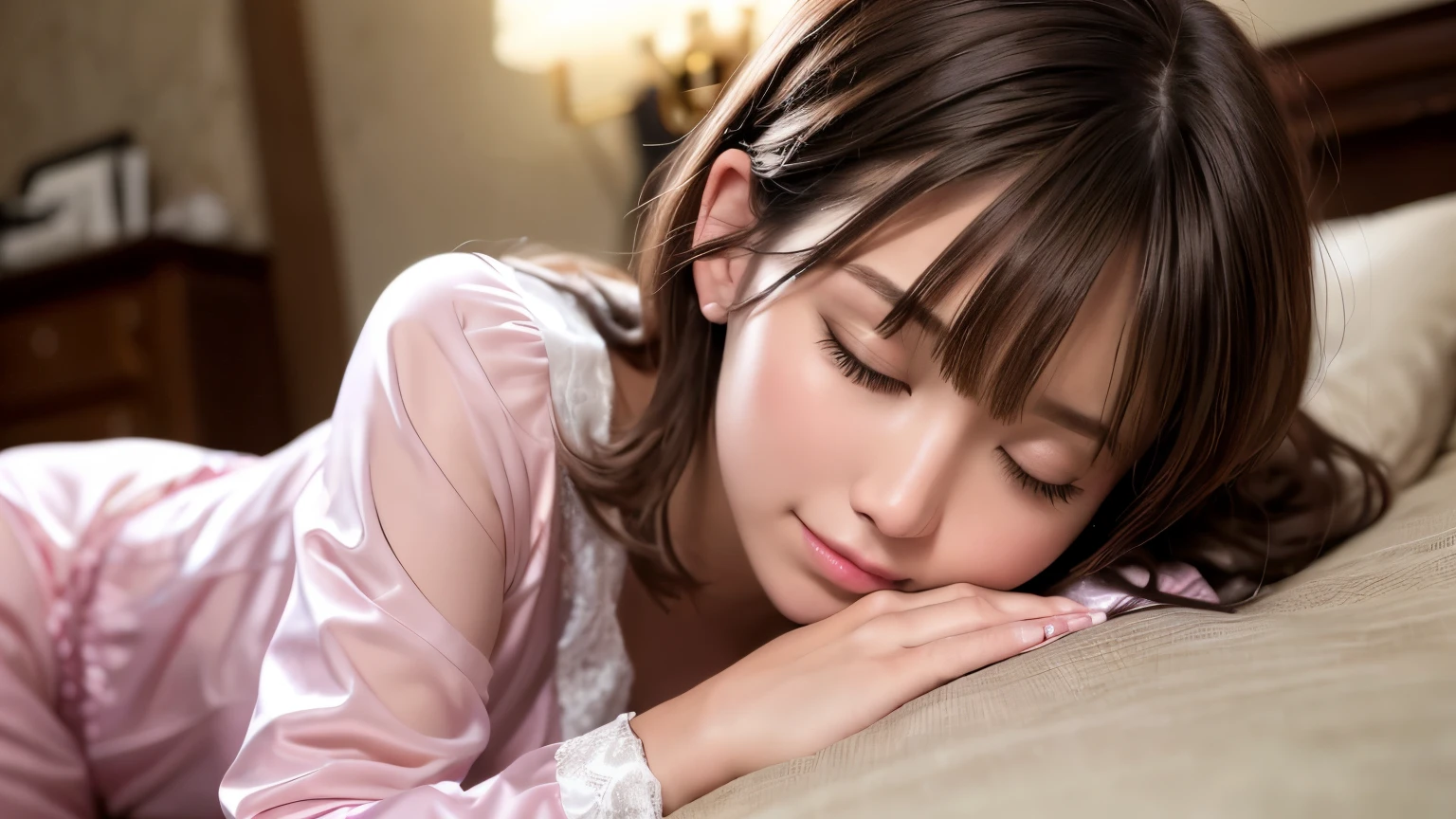 ((Close ~ eyes)), ((Full body photo)),masterpiece, One woman per photo, Upper Body Shot, view from the front, Composition looking down at the subject from above, Young and beautiful woman in Japan, Super cute face, 18-year-old, Sleeping in bed, Sweaty body, glossy lips, Open your mouth, Attractive person, Lying in bed, ((She is wearing large, long-sleeved, shiny, satin, silk, pink pajamas.)), Her head was resting on a silk pillow, Silk bed sheets, Double eyelids on both eyes, Natural Makeup, Long eyelashes, Shiny, smooth, light brown medium length hair, Asymmetrical bangs, Sunburned skin, head in the frame, Center image, 8k resolution, Attention to detail, Detailed hairstyle, Detailed face, Spectacular movie lighting, Octane Rendering, Vibrant, Ultra-realistic, Perfect limbs, Perfect Anatomy