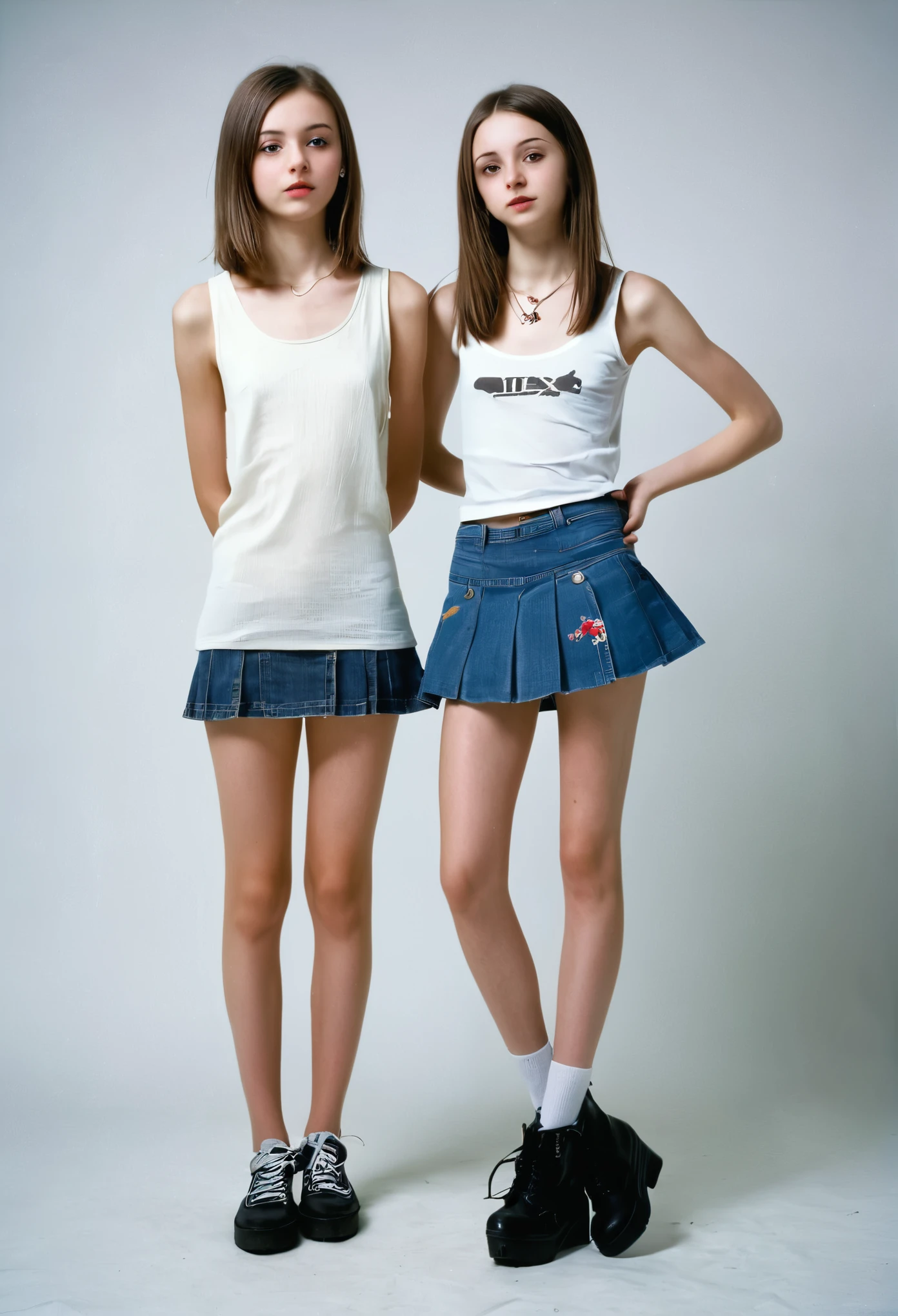 very tall  2 girls  in a photo session in a photo studio, very very thin legs and very very thin arms, with a tank top and short skirt,(((anorexic girls))), 18 year old. ((full body)), ((plain background transparent )), 85mm, (analog, cinematic, film grain:1.3), detailed eyes, painted lips, necklace, (epicPhoto), (looking at viewer),