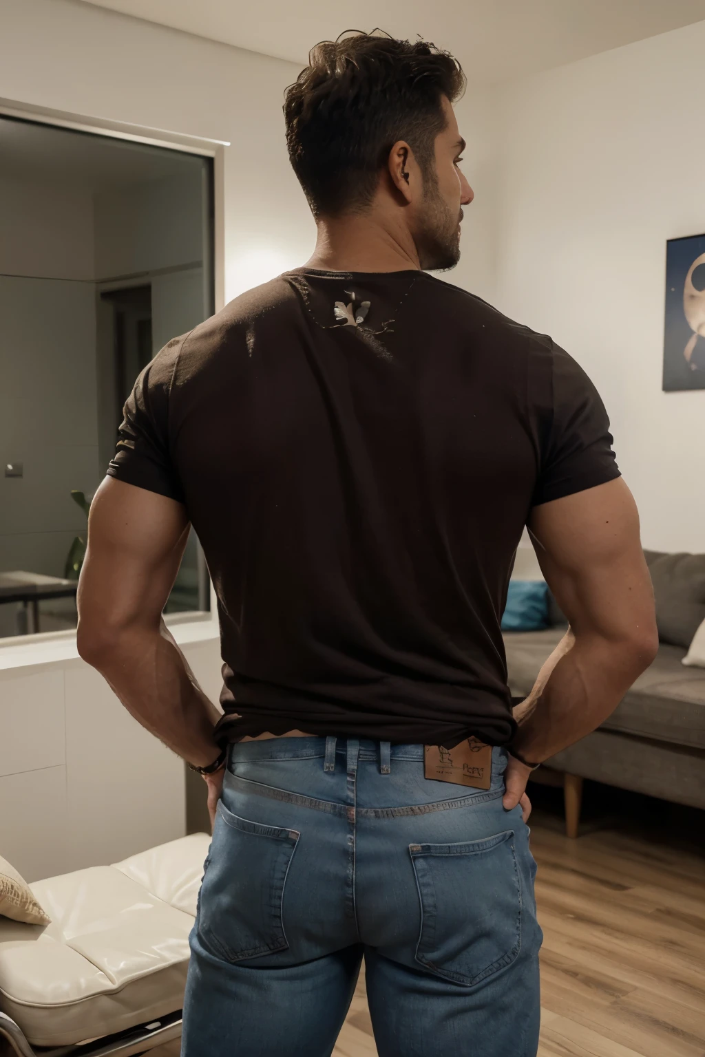 Realistic 8K image of a 33-year-old man, rubio, Fuerte, musculoso y muy nalgon, cuerpo completo, cabello corto, Vestido con una camiseta blanca y jeans, de pie en la sala de estar de un apartamento sencillo, escena nocturna. Manly backside