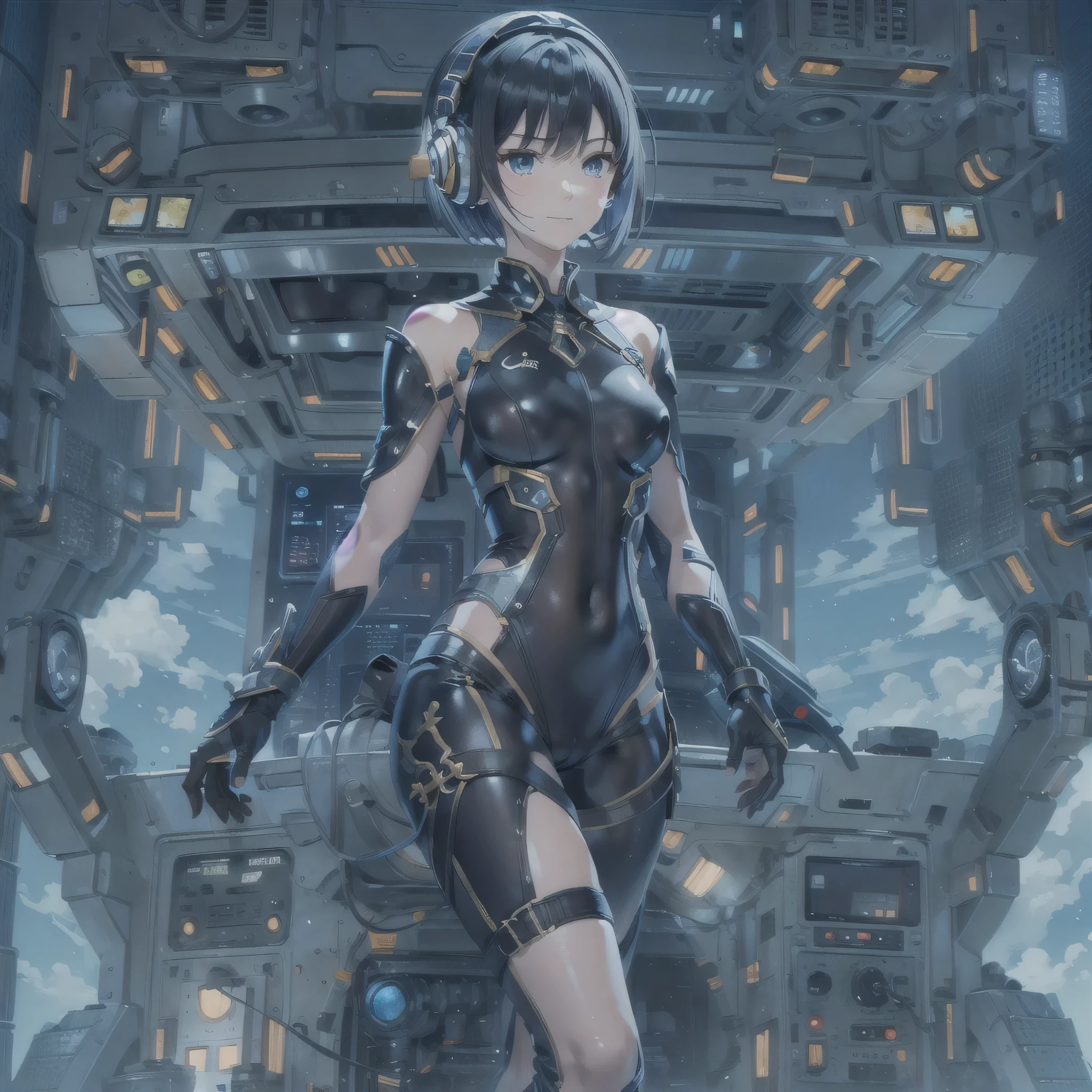 (masterpiece、highest quality、Highest Resolution、Clear_image、Detailed details、Angle from above): (Whole body、One 20 year old girl、Japanese Faces、Small Face、Slender、Navy blue super short bob cut hair、(Hidden small breasts:1.3)、Sparkling blue eyes、Shiny pilot suit in blue and black colors、Chest protection armor、Tight fitting clothes、Clothing that covers the whole body、Glamorous clothes、Tight Fit Pants、Hide your skin、Very delicate and beautiful、Detailed Skin、hide thighs、Hide your ass、Cute、A gentle smile、Soft expression、heroine、headset、Knee-high boots、Elbow-length gloves、Eye Level Shot、Face directly、Woman on a spaceship)