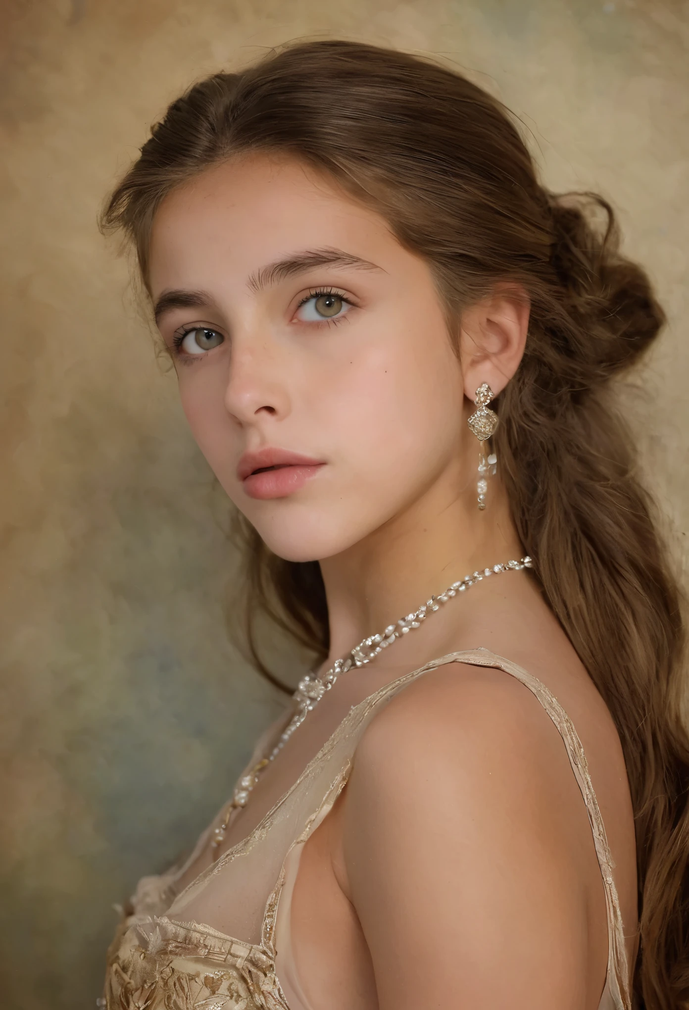 (highres,masterpiece:1.2),(realistic:1.37), A portrait of a Jewish girl in the 20th century with unparalleled beauty. age 14, eldest daughter of a wealthy merchant, The lighting is soft and diffused, accentuating the girl's ethereal beauty. The colors are vibrant and rich, creating a captivating visual experience. The portrait is created in the style of classical portraiture, reminiscent of the works of renowned artists from the era. It exudes elegance, grace, and sophistication. A great masterpiece of the century, you can even feel the breath of the lively girl.