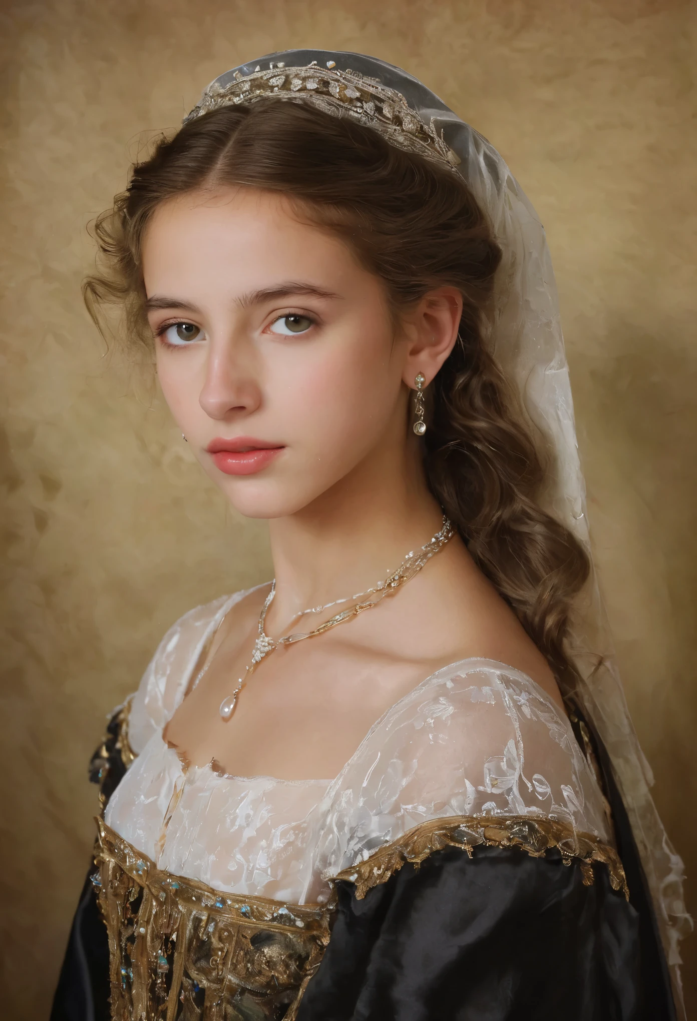 (highres,masterpiece:1.2),(realistic:1.37), A portrait of a Jewish girl in the 20th century with unparalleled beauty. , eldest daughter of a wealthy merchant, The lighting is soft and diffused, accentuating the girl's ethereal beauty. The colors are vibrant and rich, creating a captivating visual experience. The portrait is created in the style of classical portraiture, reminiscent of the works of renowned artists from the era. It exudes elegance, grace, and sophistication. A great masterpiece of the century, you can even feel the breath of the lively girl.