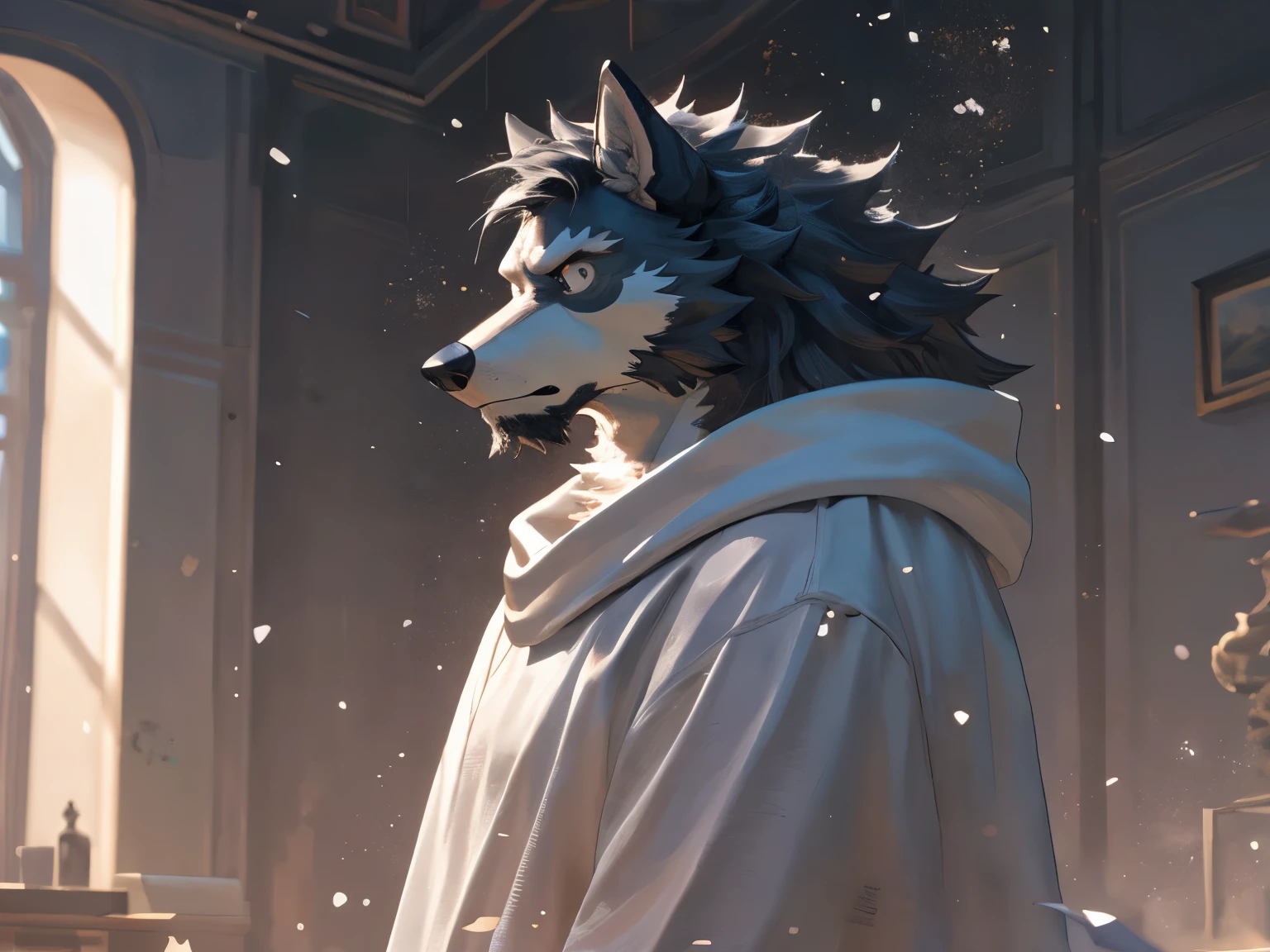 (Super detailed),Sharp focus,Genji,Eye,black Eye,hairy,White fur,Black andWhite fur,black beard,Black Hair,human nature(Gray Wolf),male,middle aged,White body,White belly,Muscular,Super detailedface,(delicate Eye),Standing on the bed,(((Upper body naked))),((White towel for lower body)),((fierce)),(21st century modern room background:1.6),(best quality),(masterpiece),High Detail,high quality,Award-winning,High resolution,HD,16K,masterpiece, official art, hairy的, male, 拟人化Gray Wolf, Delicate face, 娇嫩的Eye, white sweatshirt, Finger Wolf: 1.2, Depth of Field, Perfect lighting, Light Particles, (best quality), (masterpiece), (Ultra Detail), Sharp focus, Light Particles
229/2000