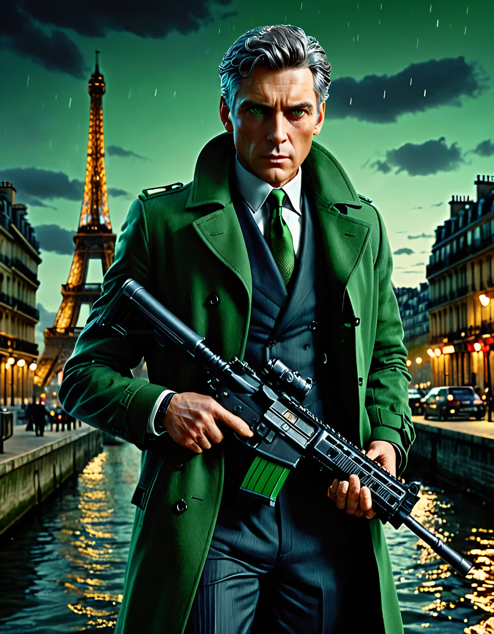 masterpiece, best quality, hyper detailed, ultra detailed, 1man, solo, solo focus, arafed french man in a coat, (using short-barreled assault rifle with suppressor), tall body, middle-aged man, professional, relaxed but determined, serious but cool, he's a hitman in peacoat, he is wearing a green trenchcoat, darkgreen suit and tie, slacks, black dress shoes, full body and head shot, full body shoot, full-body-shot, fullbody shot, dock, paris, night backdrop, film noire atmosphere, reddish grey hair, green eyes, hair over one eye, secret agent, spy, midnight, noir lighting.