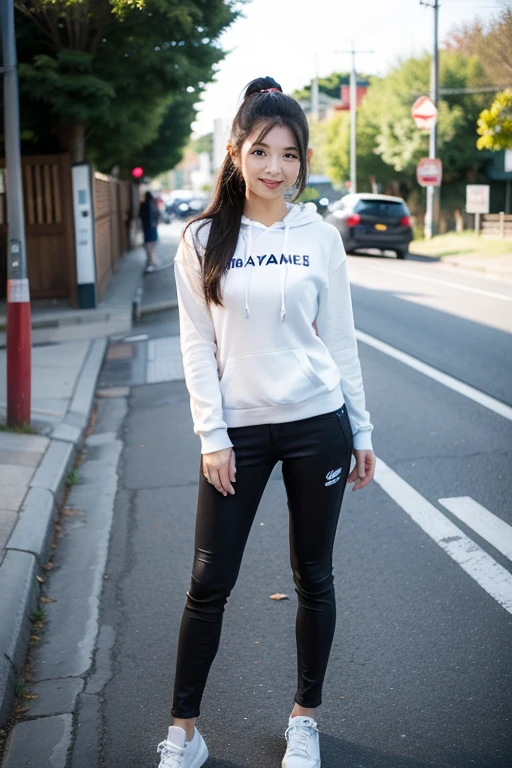 ((best quality)), ((masterpiece)), (detailed), perfect face,(18 years old),(beautiful girl), ponytail,(blackes Braun hair), cute smile (looking at vivers) on a streat road,( full body view),(detailed lips), perfect head ,(detailed face), wers a white hoodi black Stiles short pant that reaches nee, heads in hoodi pocket,(big breasts),(perfect body),(Japanese/Korean girl)