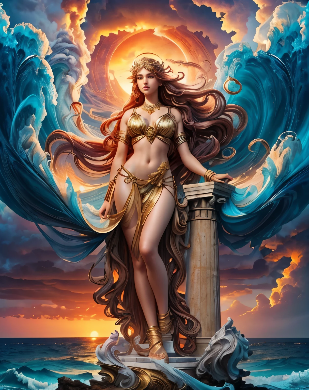 Surreal art of a beautiful woman embodying the goddess of the sea, standing on an ancient column immersed in abstract swirling sea waves, her long brown hair with bright golden locks fluttering in the stormy air as the spectacular setting sun paints the sky with red clouds, dark clouds intertwined with lightning and a gentle drizzle, watercolor style masterpiece with an effect that creates a stormy sky, transparent swimwear underwear, ancient Greek city blurred in the distance, ancient city in the fog, lighthouse shining, lighthouse illuminates the sea, goddess dressed in gold jewelry, girl from behind watching the sunset, she poses on a marble pedestal, she is standing on a marble column,