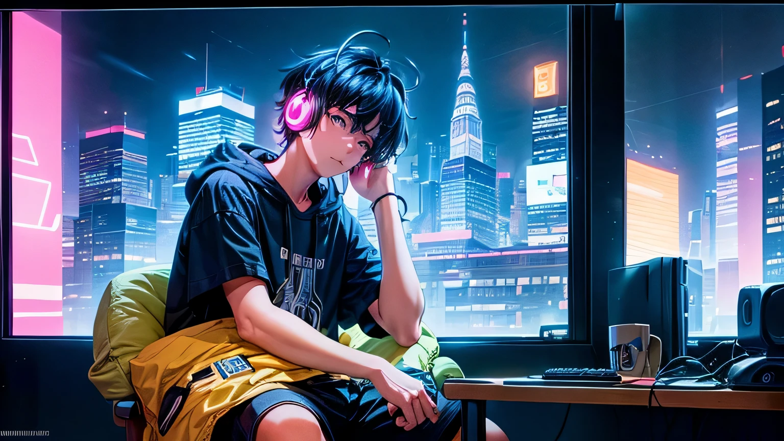 a modern boy reclines in his room, surrounded by the glow of neon lights and the hum of urban life outside. His sleek headphones rest comfortably over his ears as he leans back in his chair, eyes fixed on the screen of his computer. The room is adorned with minimalist decor, reflecting his contemporary taste and style. The rhythmic beats of a lo-fi track fill the space, creating a seamless backdrop to his digital pursuits. With each note, he finds solace in the midst of the bustling cityscape, cocooned in the harmonious blend of music and technology.