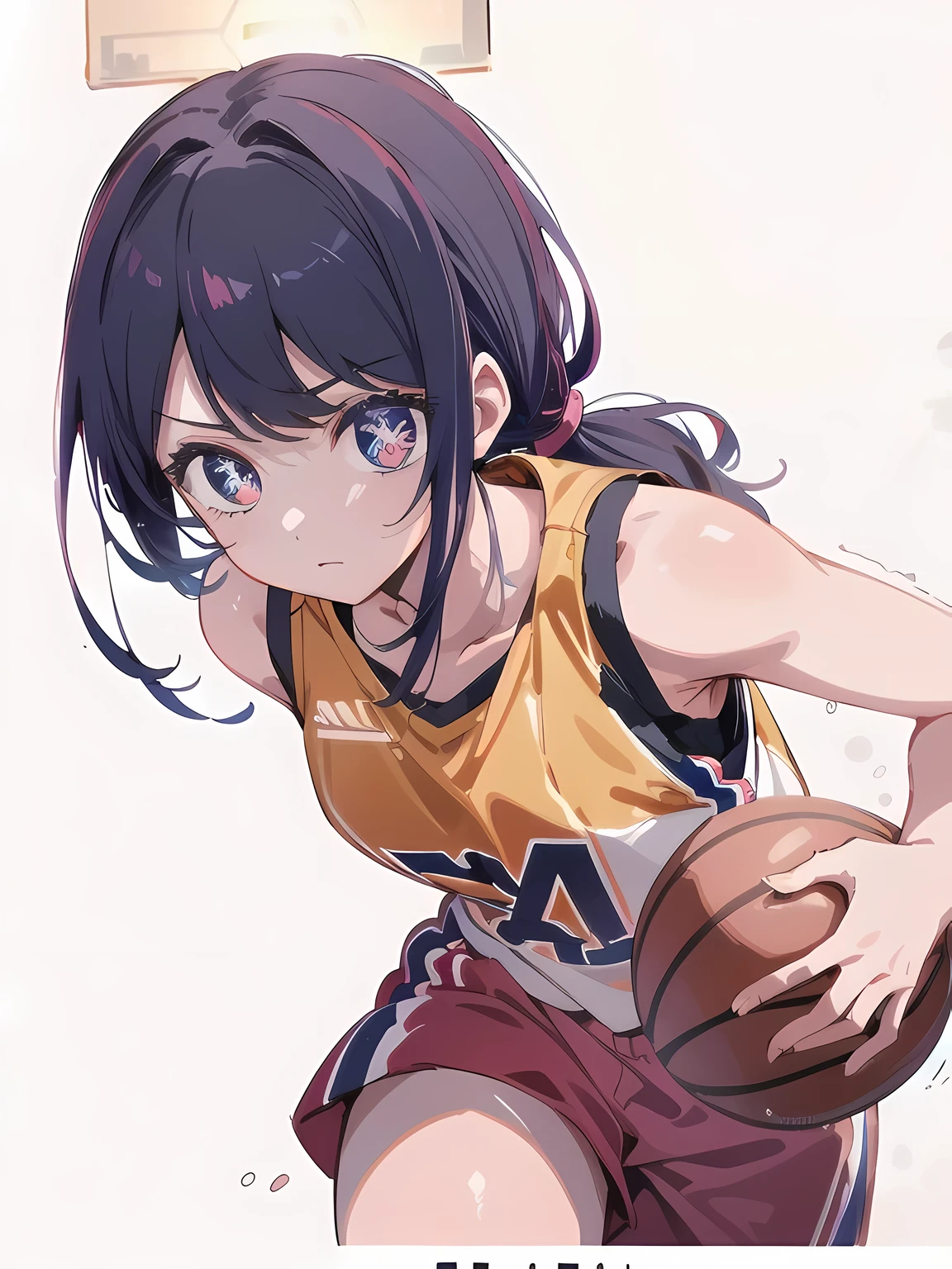 ai hoshino,basketball player, (basketball court background:1.3), (red, yellow, black, sportswear),(pony tail:1.3),(head to thigh visible:1.4), playing basketball, intense basketball match, ((running while holding basketball)), ((sharp focus)) daytime,indoor lighting,anime style,oshi no ko art style, best quality, unity 8k wallpaper, anatomically correct, (((masterpiece))), (((best quality))), (((ultra detailed))), (((high-resolution))), ((super fine illustration)), ((Ultimate cutie)), ((detailed beautiful face)), ((perfect hands)), perfect finger, ((perfect eyes)), (((good anatomy))), Solo, One girl,(looking at the screen:1.4), long purple hair, 16 year old five-pointed star in the eyes, medium breasts, (round chest:1.3), healthy feminine body, ((dribble a beautiful Perfectly spherical 6" basketball with one hand)), speedy moment, good camera angle, ((running)), (plain white background:1.4)