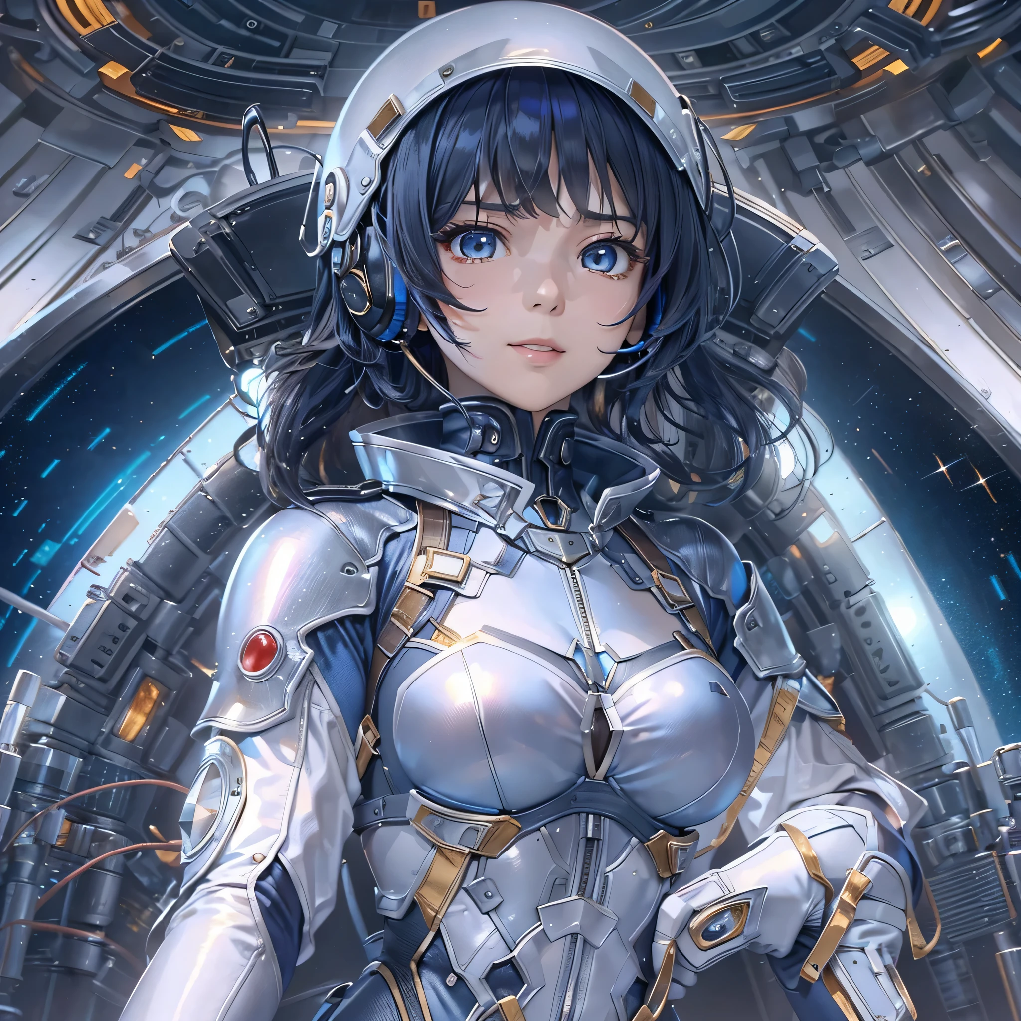 (masterpiece、highest quality、Highest Resolution、Clear_image、Detailed details、Angle from above): (Whole body、One 20 year old girl、Japanese Faces、Small Face、Slender、Navy blue super short bob cut hair、(Hidden small breasts:1.3)、Sparkling blue eyes、Shiny pilot suit in blue and black colors、Chest protection armor、Tight fitting clothes、Clothing that covers the whole body、Glamorous clothes、Tight Fit Pants、Hide your skin、Very delicate and beautiful、Detailed Skin、hide thighs、Hide your ass、Cute、A gentle smile、Soft expression、heroine、headset、Knee-high boots、Elbow-length gloves、Eye Level Shot、Face directly、Woman on a spaceship)