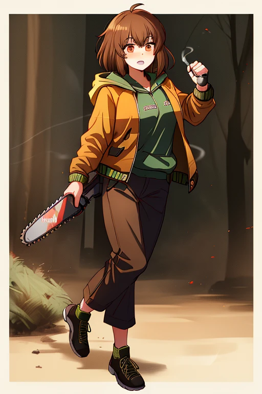 ((Best quality)), ((masterpiece)), (detailed), Undertale Fresh, Brown hair, (brown pants: 1.3), bob haircut, short hair, black tights, (green sweater, : 1.3), Red eyes, (1 girl: 1.3), (One: 1.3), striped, Green striped sweater , (((absurdity, A high resolution, Ultra detailed, oversized hooded jacket,whole body, holding mechanical chainsaw))), Red hair, wearing a ((jacket)) with a smoke pattern on it, in black pants, hands in bandages, (((MMA fighter))), in anime style, ((chara)) , huge pumped up muscular