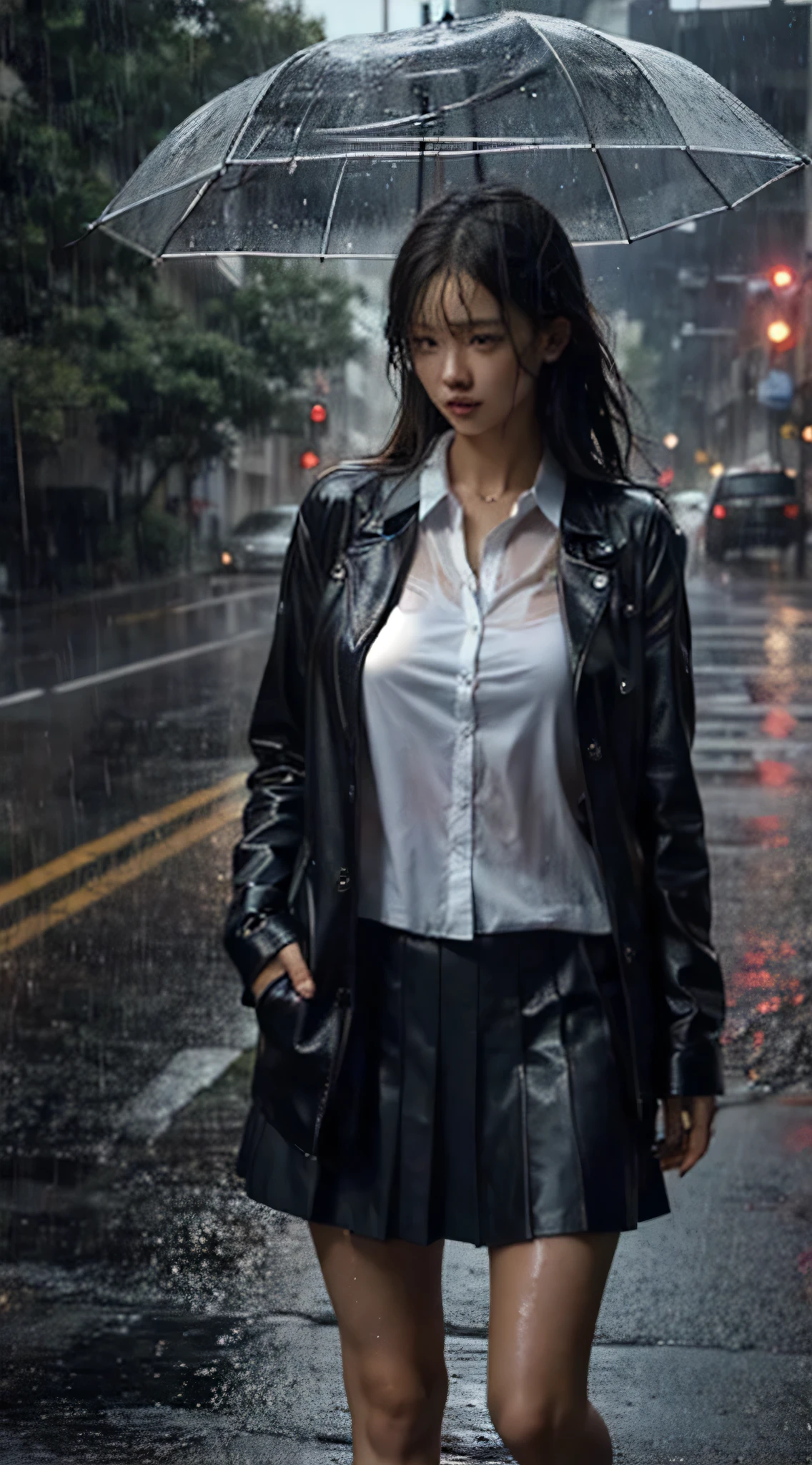 in the rain、There is a woman walking around wearing a skirt, it's raining, in the rainに立っているかわいい女の子, in the rainで踊る, it's raining award winning photo, Photorealistic, Wet roads, Soaking wet, Beautiful photorealistic images, After the rain and the girl is gone, Photorealistic、8k、More photo-realistic、Wet in the rain and the uniform is see-through、
