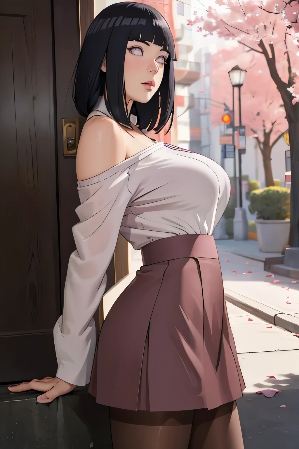 ((pantyhose )) ((huge tits))masterpiece, absurdres, hinata\(boruto\), 1girl, ((sexy mini college skirt))solo, mature female, off-shoulder oversized shirt, looking at viewer, (falling petals), perfect composition, detailed lips, beautiful face, body propotion, blush, (pink lips), long hair, purple eyes, soft gaze, super realistic, detailed, photoshoot, realistic face and body, side view, sexual expresion, seductive expresion, first-person view, UHD, ccurate, masterpiece, anatomically correct, best quality
