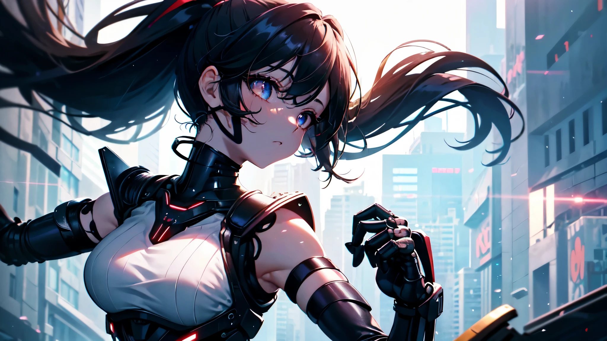 Super beautiful girl, (masterpiece eyes:1.3), (Sleeveless Exoskeleton Bodysuit:1.3), Sweaty skin, (Red long hair, ponytail), (Exposed armpits, exposed Underarm, Exposed crotch), cowboy_shot, Side Focus, Shiny, Huge_chest, wide_Waist, (Put your arms behind your head, Underarm), Open Stance, (Cybertechpunk mouth mask:1.2), Cyberpunk City, Professional Lighting, highest quality, masterpiece, Super detailed, It captures a very cute moment, Depth of written boundary, Ultra-high resolution, The finer details, 16K Wallpaper,Close-up face