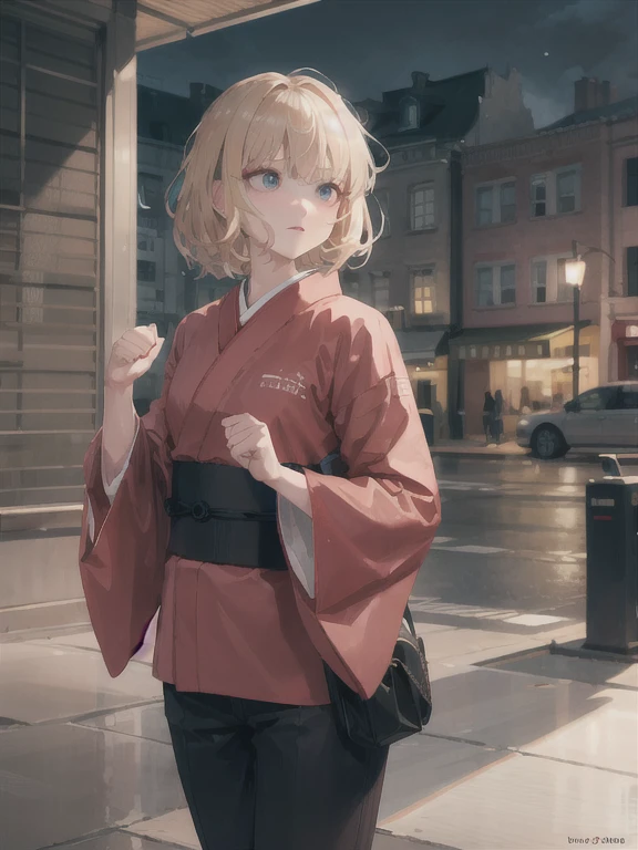 highest quality, masterpiece, One girl, , alone, boredom, tired, Floating Kimono, Wide sleeves, stare, (Very detailed), Absurd, hair, let your hair down, Light blonde,Messy Hair, Genuine, RAW Photos, (Cowboy Shot),Red fine eyes, short hair, (photoGenuineistic:1.2), winter, night, strong rim lighting, Fighting Pose, incredibly Absurd,( Cinema Lighting), Flying Dragon