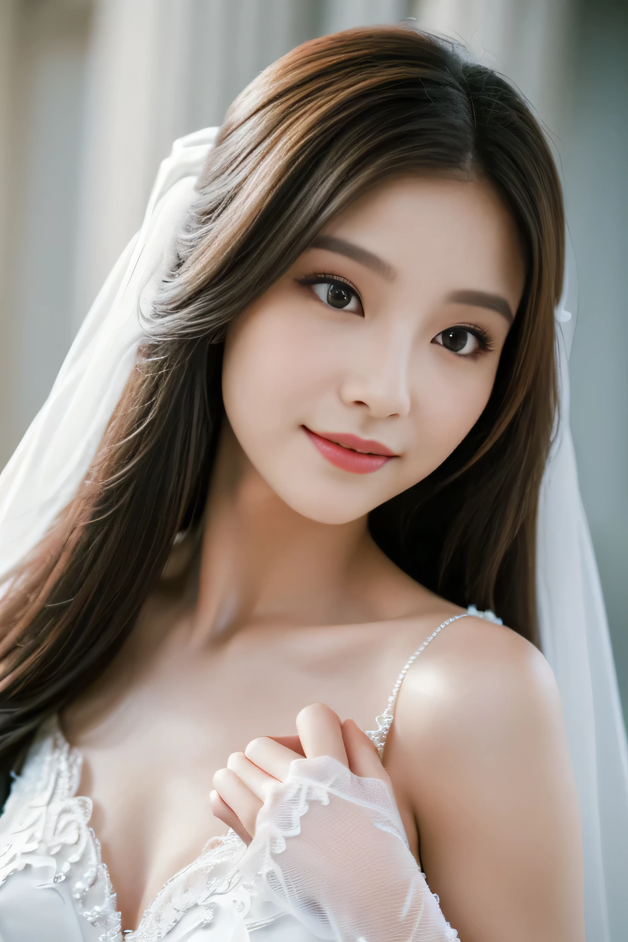8k, Ultra-high resolution, Highest quality, masterpiece, 三分割法によるphotograph,Surreal, photograph, 1 Girl, (:1.3), pretty girl, Cute Face, Beautiful eyes in every detail, 細かくdetailedに,masterpiece,One Girl:1.2,Japan Female Teachers,extream close up,sad,light smile,Long black hair,Straight long hair,(印象派の美しい少女のPortraiture),(Impressionist light and colour), (Gray background:1.3),(White Wedding Dress:1.3),(Fairy, bride, Shiny Hair, Beautiful dark eyes, So cute and beautiful,16 years old0.8),Sharp contours,Looking down, (Wedding Veil,White lace), Light from above, (Side view),, Perfect and beautiful face ,完璧でCute Face, Skin with attention to detail, Perfect limbs、Narrow waist,Looking at the audience,(((Ideal body type))),A cup small breasts :2,Portraiture:2,Perfect Anatomy,鮮明なdetailed,detailed,Surreal,Light and shadow,glowing