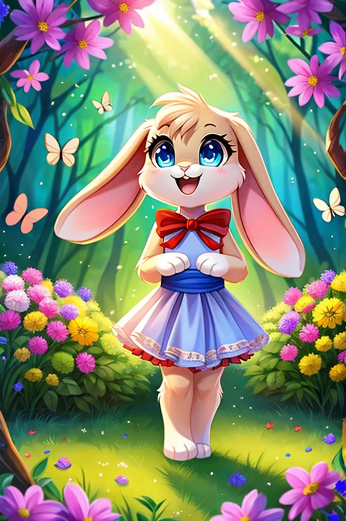 zoomed out image, ((solo character)), cute style art, fantasy style art, adorable, short character, tiny fluffy female white anthropomorphic bunny with blue eyes, 4 ears, 2 extra ears, big floppy ears, long ears, ears perked up, raised ears, long eyelashes, poofy rabbit tail, wearing a red frilly ribbon dress, smiling, standing in a colorful fantasy forest, soft tones, big expressive smile, open mouth, excited eyes, stunning visuals, sunlight, flowers, butterflies, digital illustration