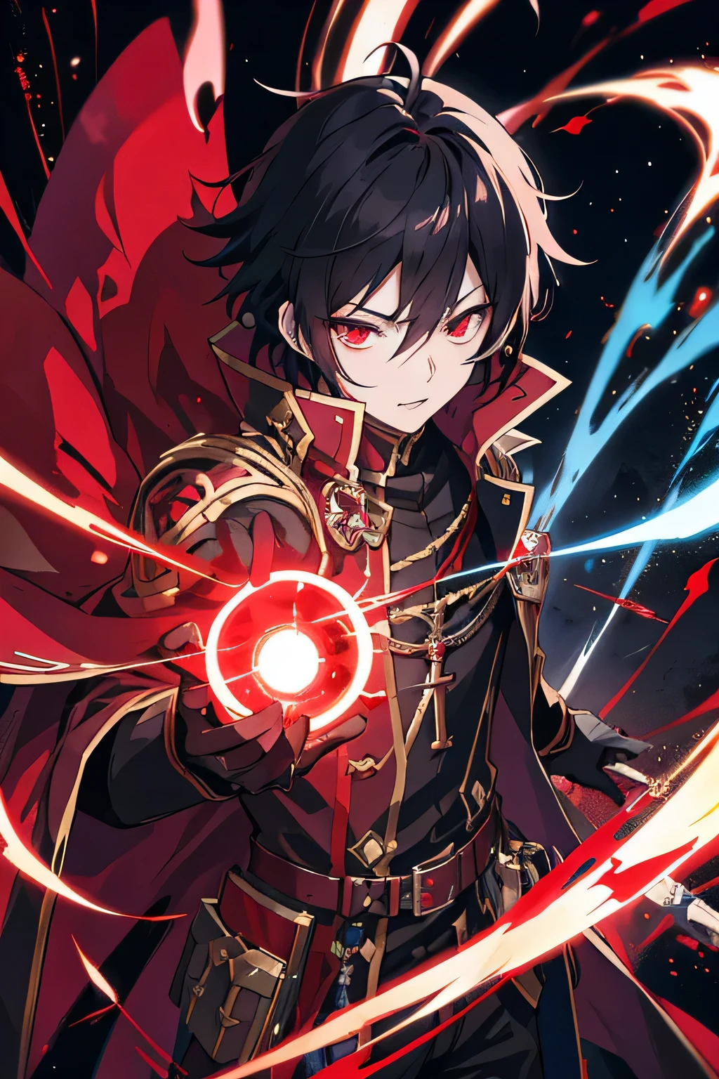 Anime boy with red light in hand, shadow young wizard, Epic anime style, anime key artโดยละเอียด, Shadowverse style, Fantasy style anime, devil man, anime key art, Red eyes, black hair, commander's uniform The strong are fighting.