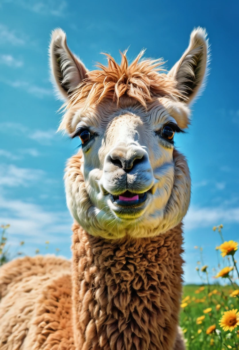 An Alpaca, aesthetic, (an alpaca),random things,illustration,playful alpaca,curious alpaca,funny expressions,cute alpaca,fluffy fur,adorable alpaca face,beautiful eyes,expressive mouth,green grassy field,clear blue sky,colorful flowers,jumping alpaca,happy alpaca face,cheerful scene,joyful movements,creative alpaca,imaginative scenes,vibrant colors,artistic rendering,highres,ultra-detailed,realistic lighting,bokeh