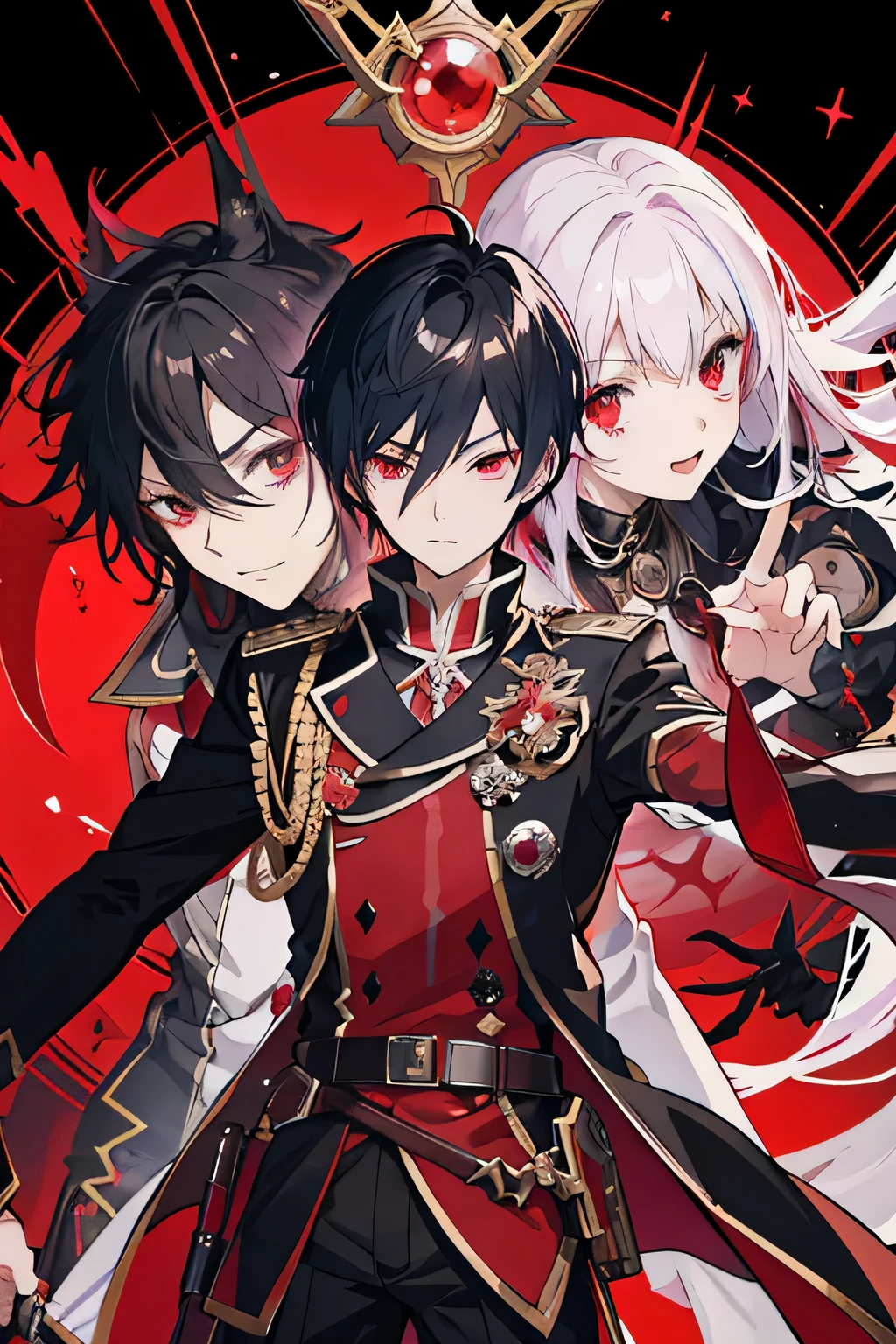 Anime boy with sharp teeth and many peircings, crazy male, attractive, sharp eyes, eyebags, character sheet, character reference sheet