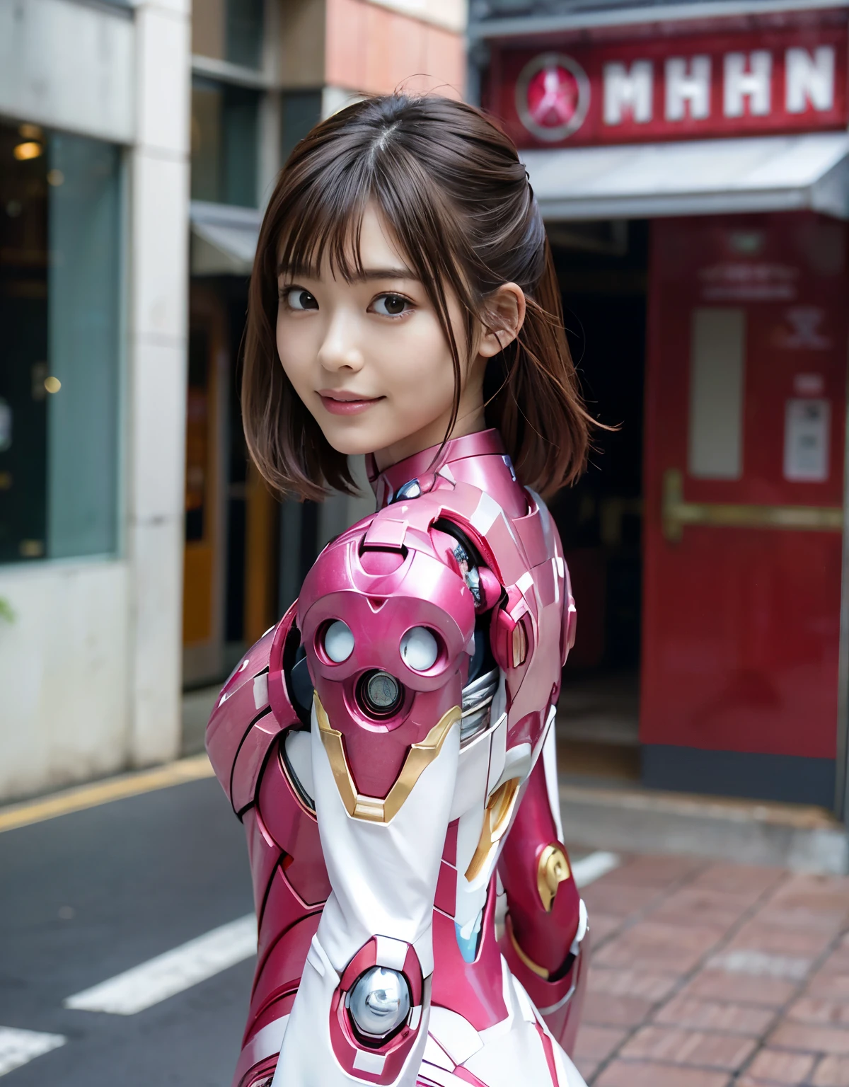 masterpiece、highest quality、超A high resolution、(Photorealistic)、RAW Photos、(every time :1.2)、(Portraiture)、Surreal、
1. Japanese women,cute,Tabletop, highest quality, Very detailed,Very accurate,
1 girl,(smile),Close-up,Portrait,((It covers the whole body,gloves)),Off the shoulder((Pink Iron Man Suit,detailed iron man suit,pink and white iron man suit,evangelion style,Plug Suit),(Gloss))), Brown haired:1.3,Street Corner,Pink and red interpolated colors