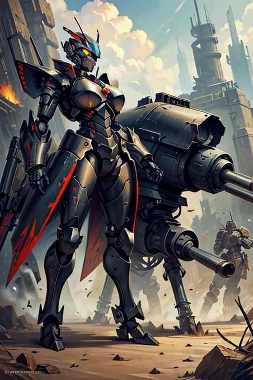 artillery gun, mechanical legs, armored, heavy armor, gun, artillery, mobile gun, walking gun, non-human, machine, robot, automaton, military, beetle, Soviet, bug-like, multiple legs, bug legs, 8 legs, big gun, animal like, many legs, non humanoid, gun emplacement, fortification, mobile fortification, one gun, main gun, one large gun, only one gun, insectoid,