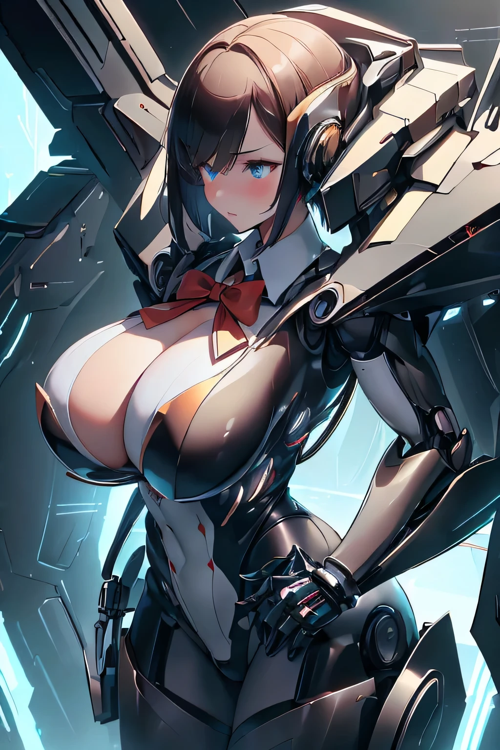 masterpiece , best quality , 1 sexy girl , solo , full body tight suit and bowtie , (covered nipples:0.9) , (gigantic tits:1.2) , (thick arm:1.1) , thick thigh , gigantic hip , (gold hair:1.1) , short hair , (plump:1.1) , robot joint , robot shoulder , embedded in machinery , lying on small sci-fi cockpit , surrounded by sci-fi machinery and monitor , folded , cable attached to the whole body ,spread legs , ahegao ,muscular , suit and tie, formal suit uniform, big shirt collar, formal white dress shirt, formal suit coat, huge giant red bowtie, formal suit clothing, high collar