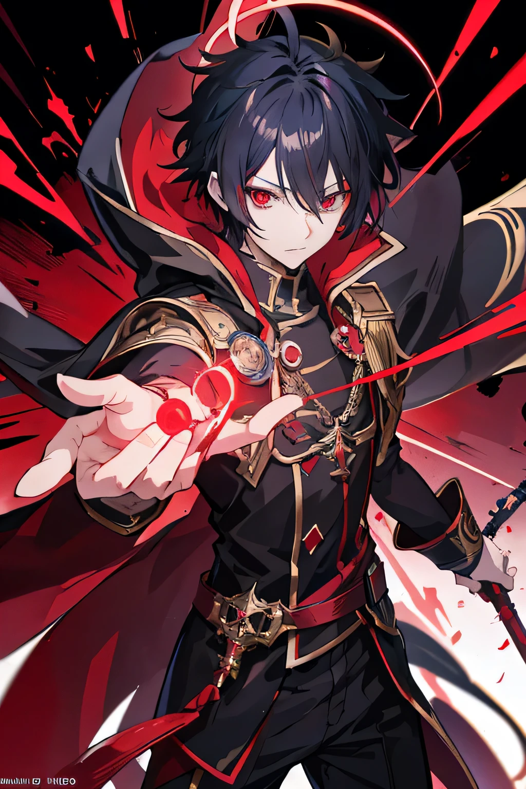 Anime boy with red light in hand, shadow young wizard, Epic anime style, anime key artโดยละเอียด, Shadowverse style, Fantasy style anime, devil man, anime key art, Red eyes, black hair, commander's uniform Whoever is strong is fighting.