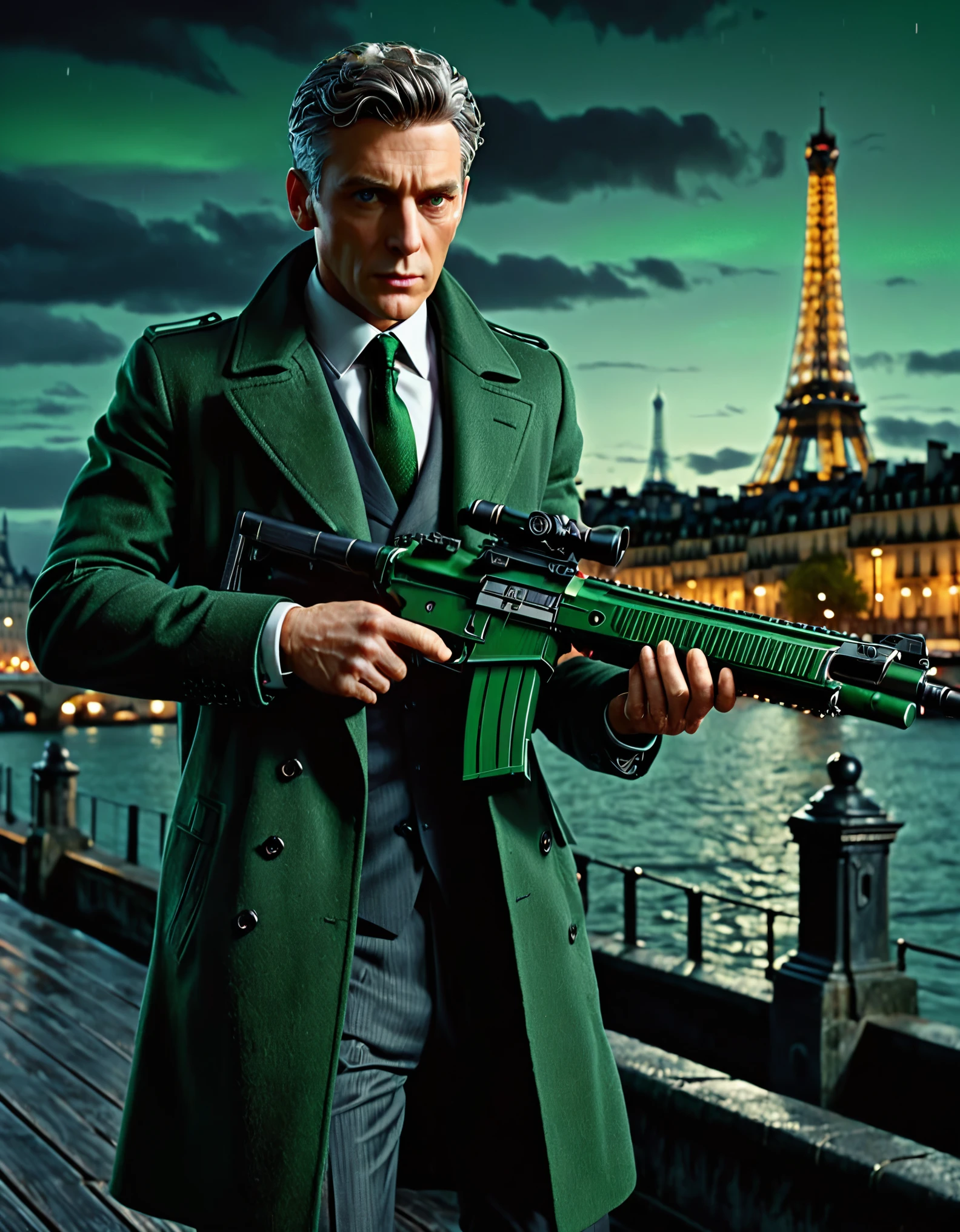 masterpiece, best quality, hyper detailed, ultra detailed, 1man, solo, solo focus, arafed french man in a coat, (using short-barreled assault rifle with suppressor), tall body, middle-aged man, professional, relaxed but determined, serious but cool, he's a hitman in peacoat, he is wearing a green trenchcoat, darkgreen suit and tie, slacks, black dress shoes, full body and head shot, full body shoot, full-body-shot, fullbody shot, dock, paris, night backdrop, film noire atmosphere, reddish grey hair, green eyes, hair over one eye, secret agent, spy, midnight, noir lighting.