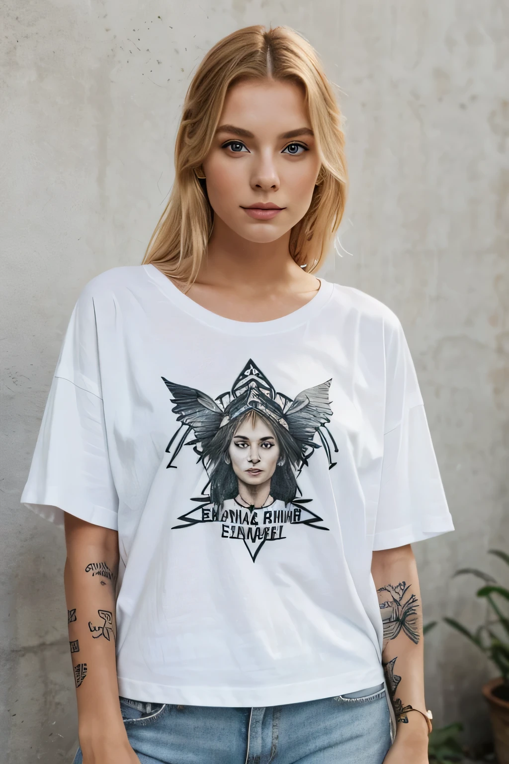 eine junge Frau mit Tattos, is wearing a white oversized t-shirt, das T shirt ist im Fokus, der Hintergrund ist recht clean, Boho inneneinrichtung, sehr realistisch, blondes lockiges Haar