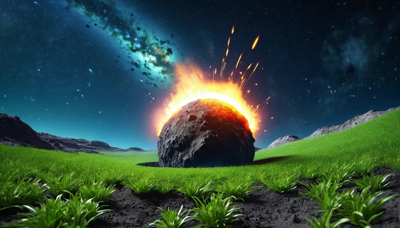A burning asteroid flies towards the planet, starry sky, on the planet a green sprout of grass appears from underground, masterpiece, high quality