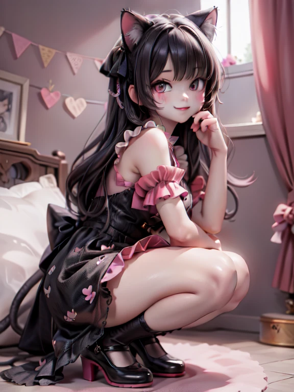 a cat girl smiling, Lolita art style, kawaii, pumps