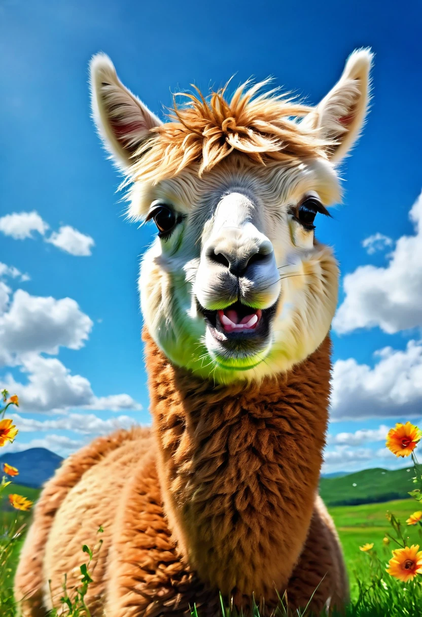 An Alpaca, aesthetic, (an alpaca),random things,illustration,playful alpaca,curious alpaca,funny expressions,cute alpaca,fluffy fur,adorable alpaca face,beautiful eyes,expressive mouth,green grassy field,clear blue sky,colorful flowers,jumping alpaca,happy alpaca face,cheerful scene,joyful movements,creative alpaca,imaginative scenes,vibrant colors,artistic rendering,highres,ultra-detailed,realistic lighting,bokeh