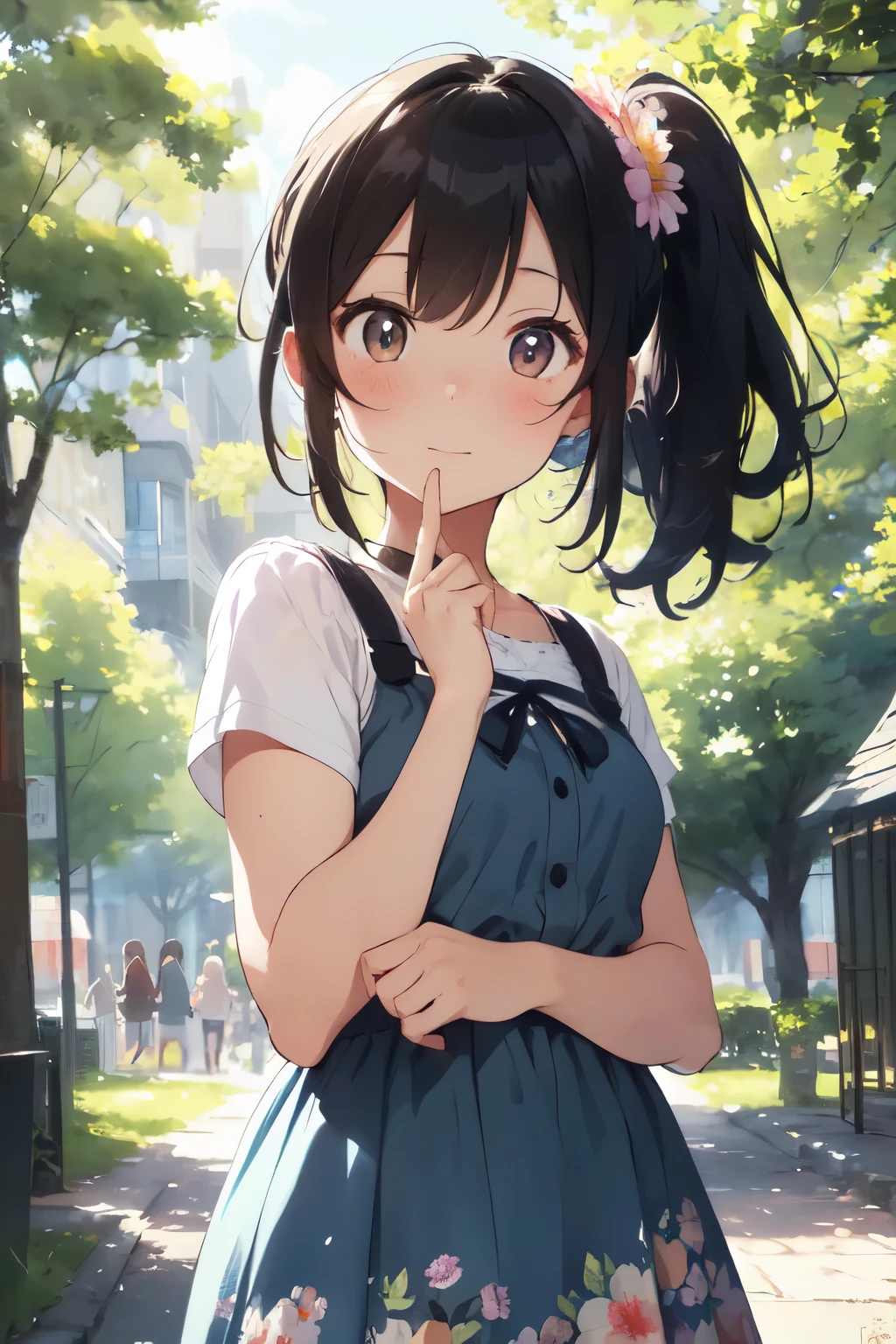 (masuter piece, Best Quality, Ultra-high definition), A close-up view, 1 cute girl with ponytail,Blushing cheeks, Wearing a beautiful summer dress, Playing with a flower in a park, Soft focus, Sunlight filters through the trees, Gentle breeze, Watercolor style, Impressionist art, Colorful petals falling around, Reflective, thoughtful expression, (looking directly at the viewers), Sketched font, Whimsical illustration, (art print: 1.4), (poster-style: 1.4)
