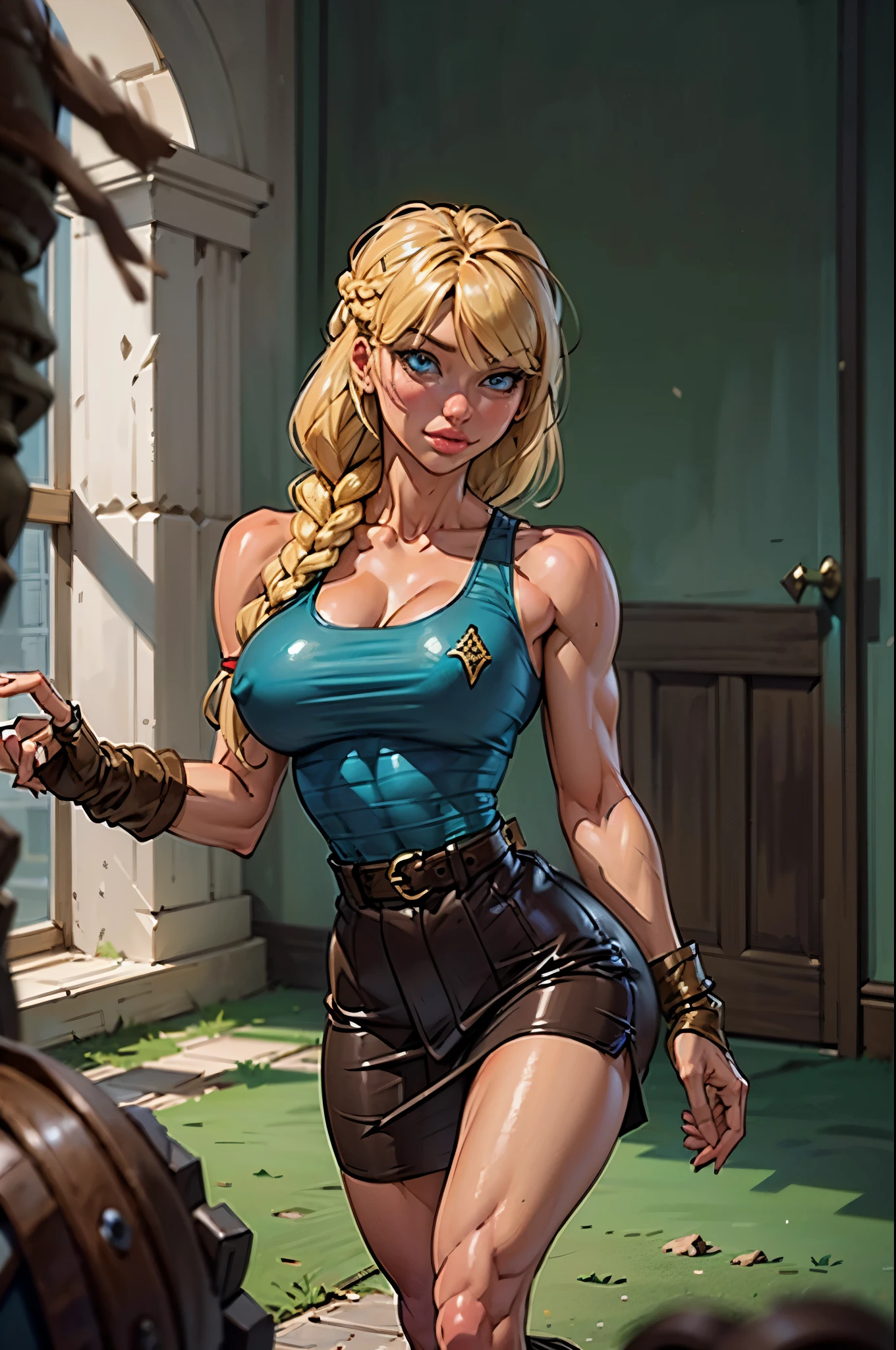 Astrid Hofferson, (Magic rings:1.4), Super rich detail, stereoscopic perspective:1.4, Works of masters, super-fine, 4K resolution, high quality, movie lighting, High picture detail, sexy, Epic shooting, Clearly focused hair, Detailed hair depiction, curate, blonde hair, braided hair, blue eyes, short brown leather skirt, bare legs, full lips, skin-tight low-cut tank-top, nipple protrusion:1.0, 20 years old, cute:2.0, thin body:1.2, narrow waist:1.2, tiny waist:1.2, narrow hip:1.2, thin arms:1.0, thin legs:1.0, perky breasts:1.2, slutty