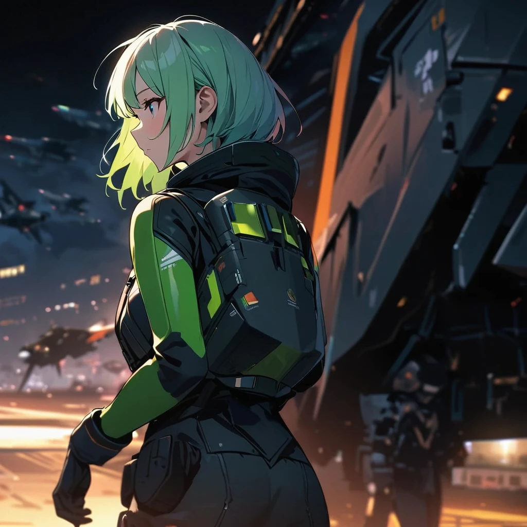 High quality, high definition images, full HD、8k.1 girl Short chestnut hair wearing US combat uniform Wear a helmet deeply, holding a rifle、Midnight city area, Put the starlight scope on your face,The scope glows green, a rifle is taken from an abandoned building,