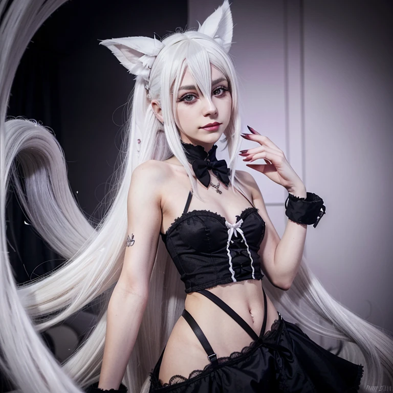 Zeige mir einenn anume caracter aus Hazbin Hotel. It should be a girl with white hair. Fluffy ears and tail and white hair
