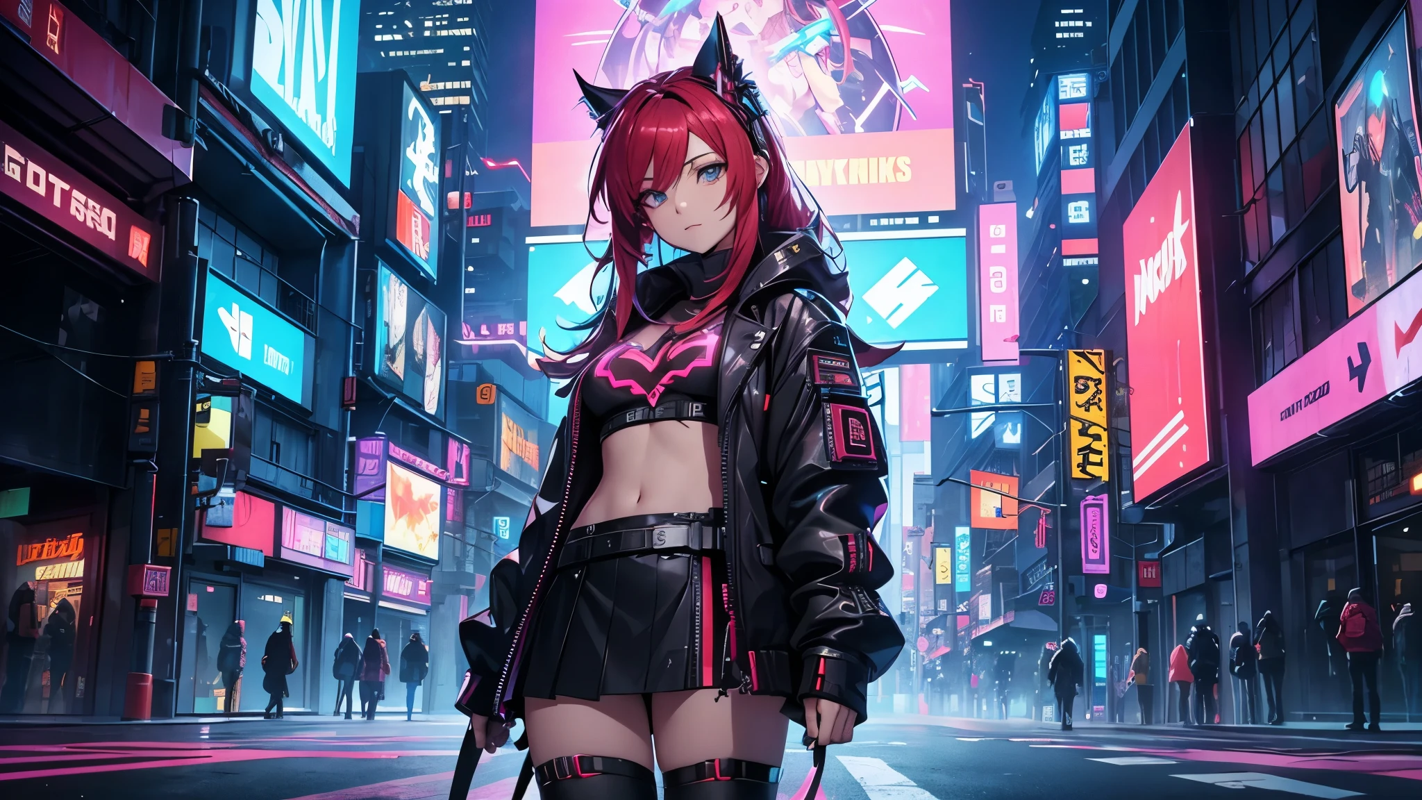 Cyberpunk cityscape Nyonix, Cyberpunk sexy anime girl red hair wearing short skirt,Red panties,Posing from behind with a rebellious spirit in Metropolis. Her hair looked like it was dancing under the neon lights., Changes color with every heartbeat. Her outfit is a fusion of wires, circuit, And urban fashion, Decorated with neon signs,Twinkle like a city light. Nyonix exudes an aura of technical skill, As if she could break into the cities around her. In front of her, The cyberpunk cityscape comes to life, The holographic billboard changes to show her message,The air was filled with mechanical hums and protest slogans, detailed feature, Detailed face, Detailed hand ,Close-up face - Rainbow 5 - S 750