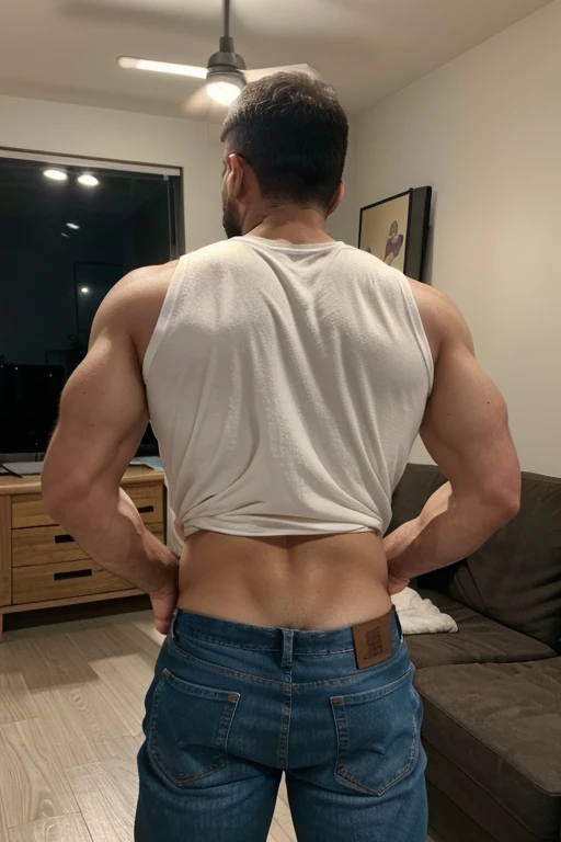 Realistic 8K image of a 33-year-old man, rubio, Fuerte, musculoso y muy nalgon, cuerpo completo, cabello corto, Vestido con una camiseta blanca y jeans, de pie en la sala de estar de un apartamento sencillo, escena nocturna. Manly backside 